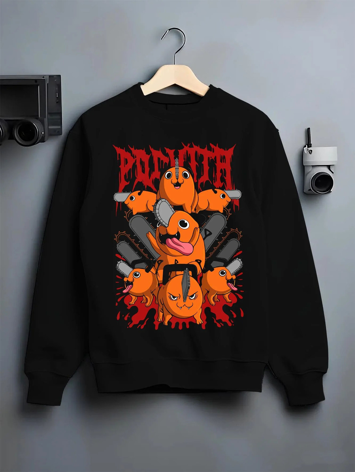 Black crewneck sweatshirt on hanger featuring Pochita Chainsaw Devil Chainsaw Man artwork.