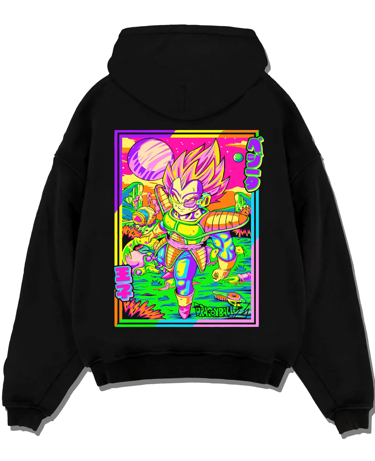 Black hoodie laid flat featuring Vegeta vaporwave Saiyan power Dragon Ball artwork.