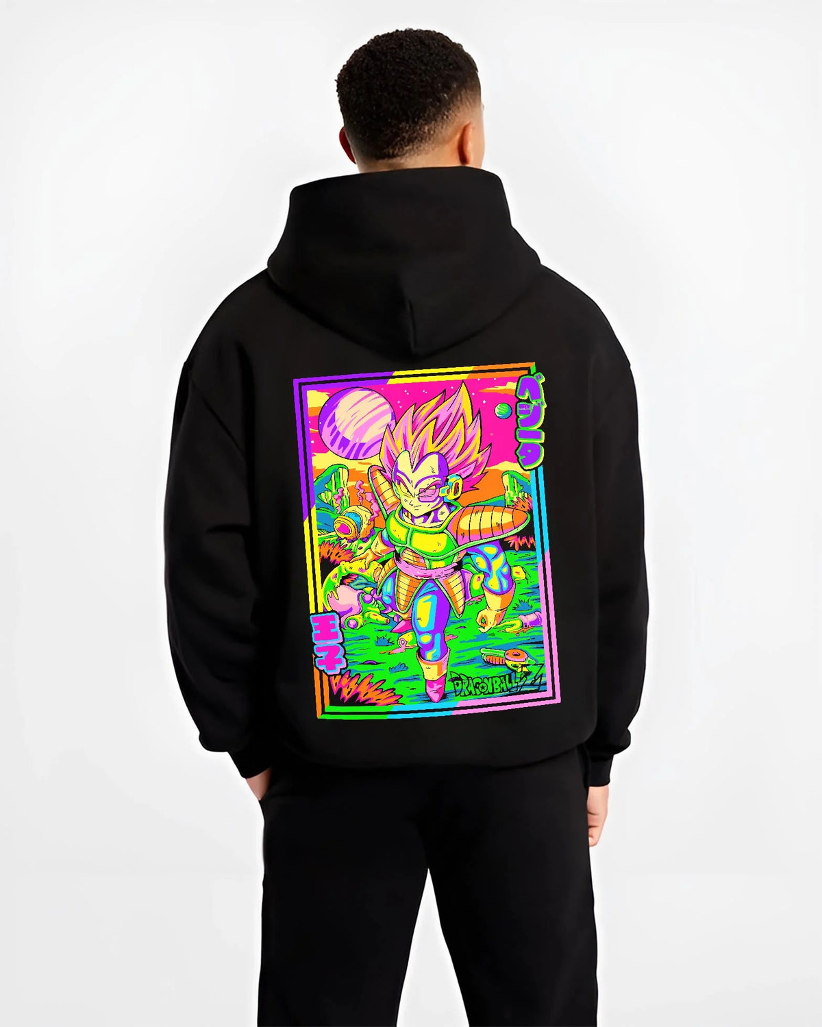Black hoodie worn by male model from the back featuring Vegeta vaporwave Saiyan power Dragon Ball artwork.