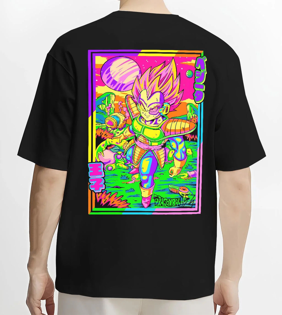 Black T-shirt worn by male model from the back featuring Vegeta vaporwave Saiyan power Dragon Ball artwork.