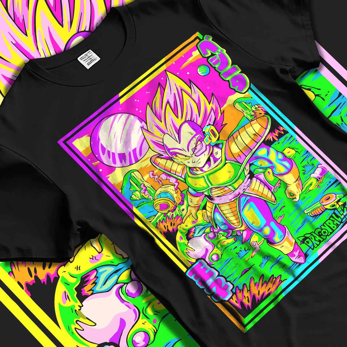 Black T-shirt laid flat with natural folds featuring Vegeta vaporwave Saiyan power Dragon Ball artwork.