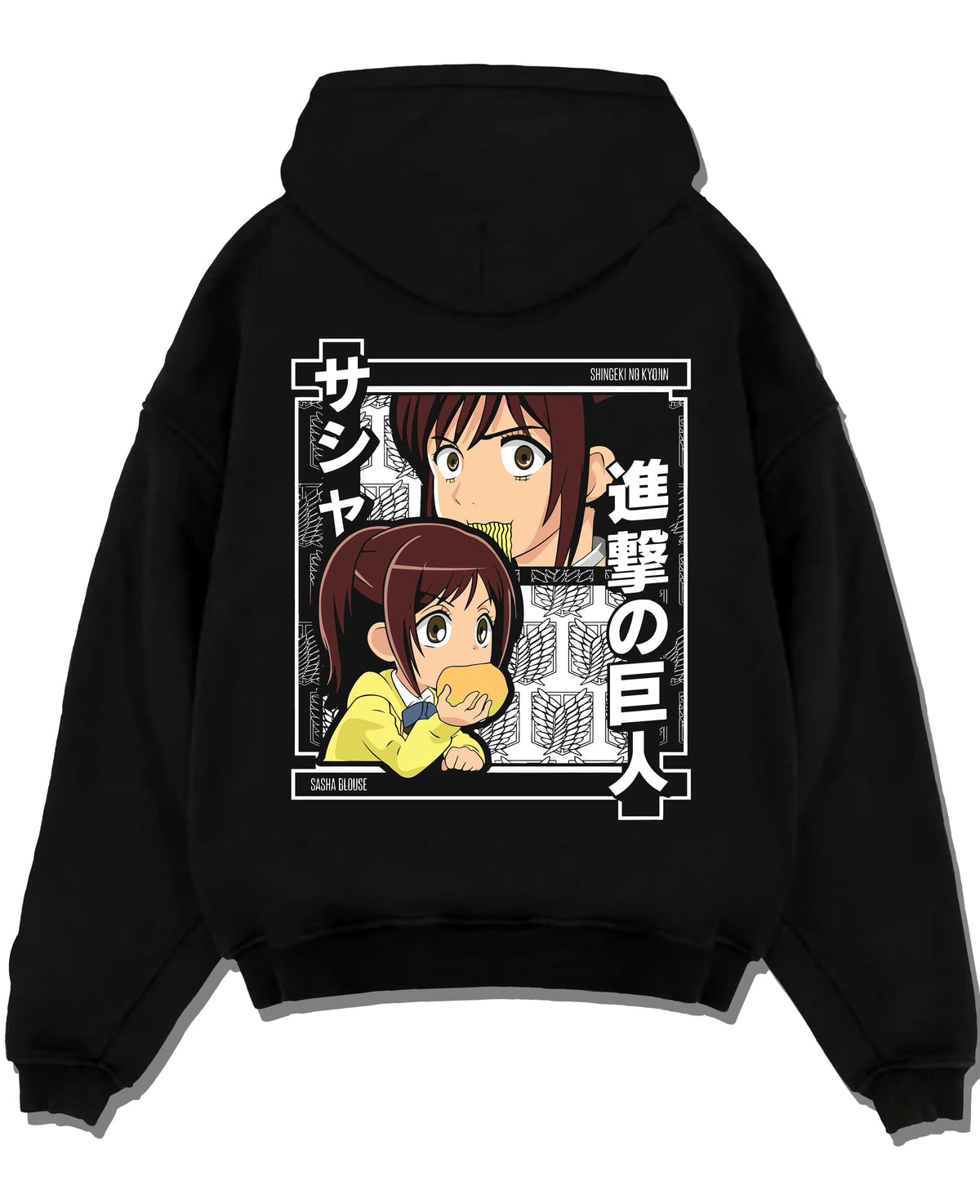 Black hoodie laid flat featuring Sasha Braus Potato Girl Attack on Titan artwork.