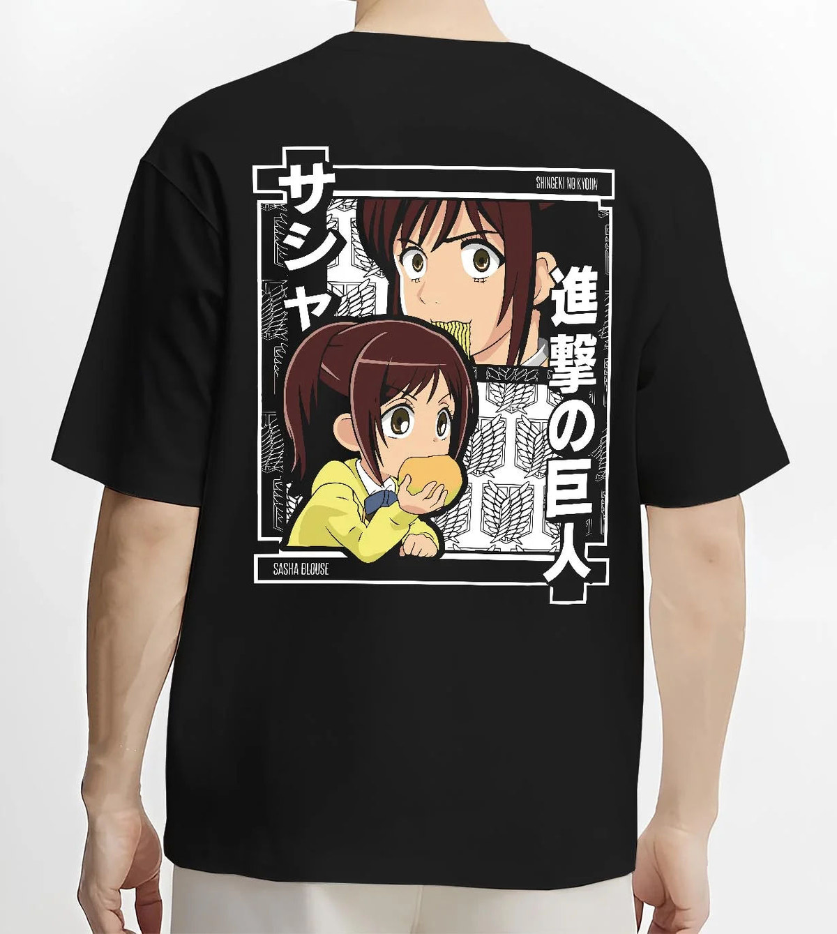 Black T-shirt worn by male model from the back featuring Sasha Braus Potato Girl Attack on Titan artwork.