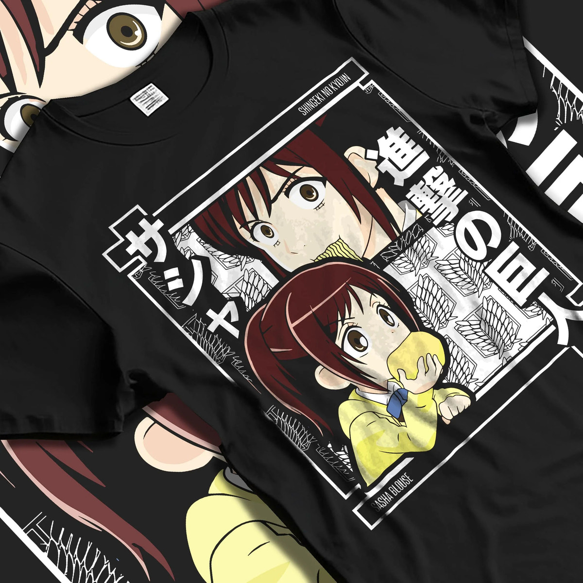 Black T-shirt laid flat with natural folds featuring Sasha Braus Potato Girl Attack on Titan artwork.