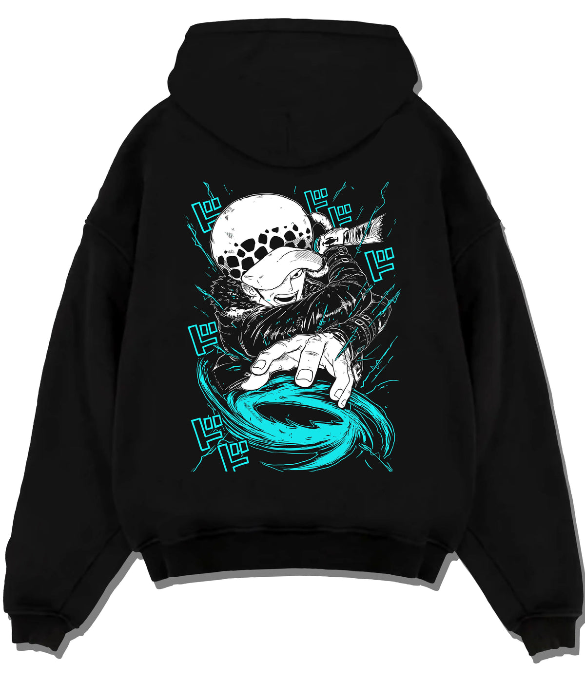 Black hoodie flat back view showing Trafalgar D. Water Law from One Piece: Room power