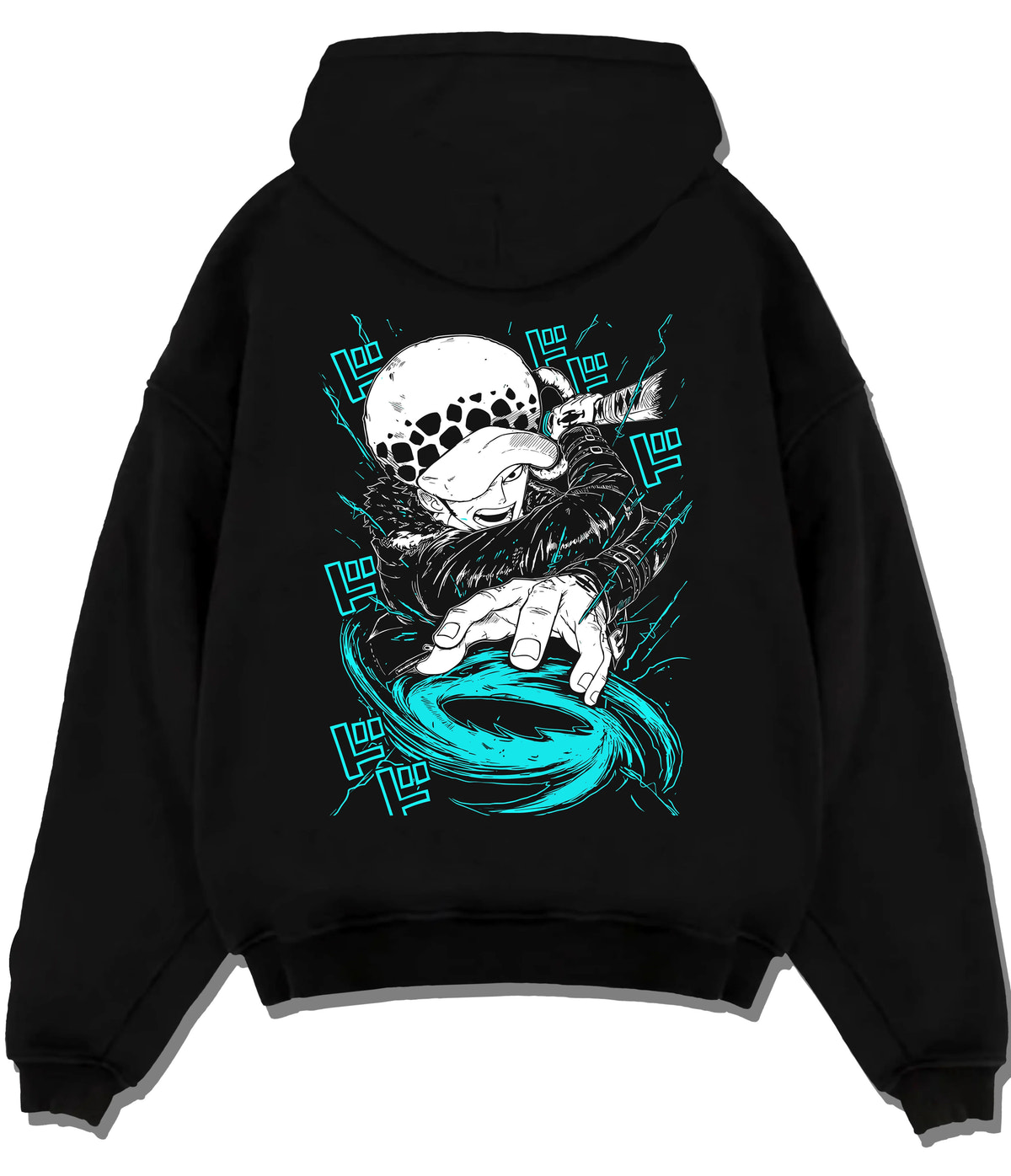 Black hoodie flat back view showing Trafalgar D. Water Law from One Piece: Room power