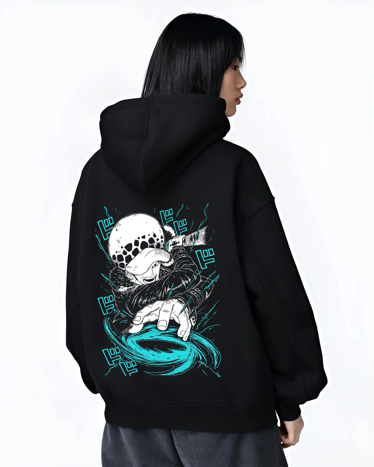 Black hoodie female model back view showing Trafalgar D. Water Law from One Piece: Room power