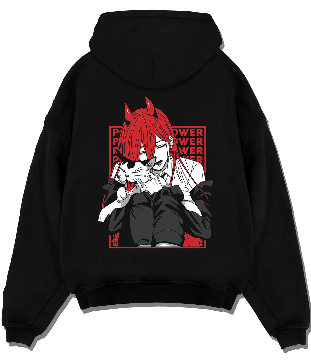 Black hoodie flat back view showing Power from Chainsaw Man: red-haired fiend with horns