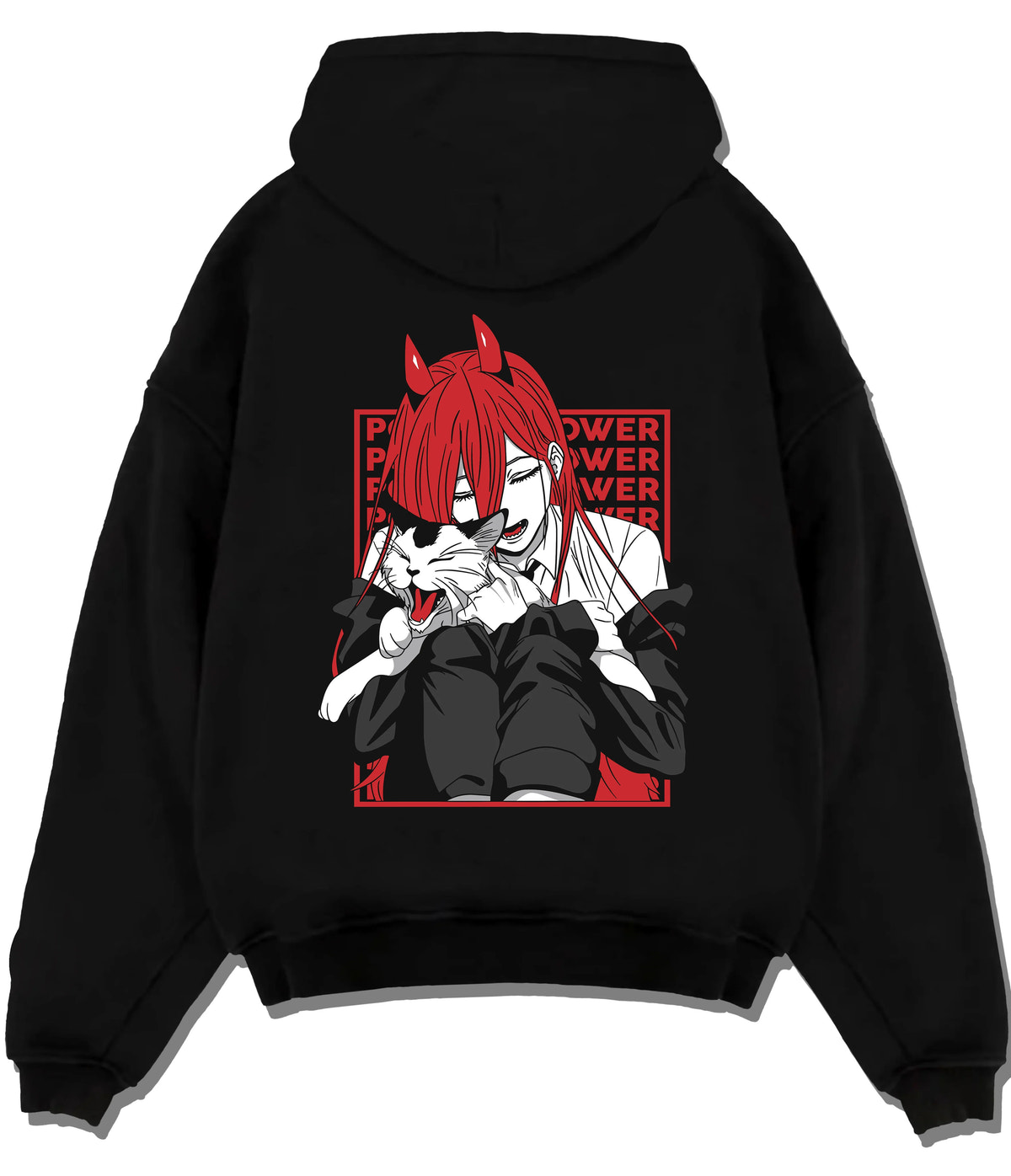 Black hoodie flat back view showing Power from Chainsaw Man: red-haired fiend with horns