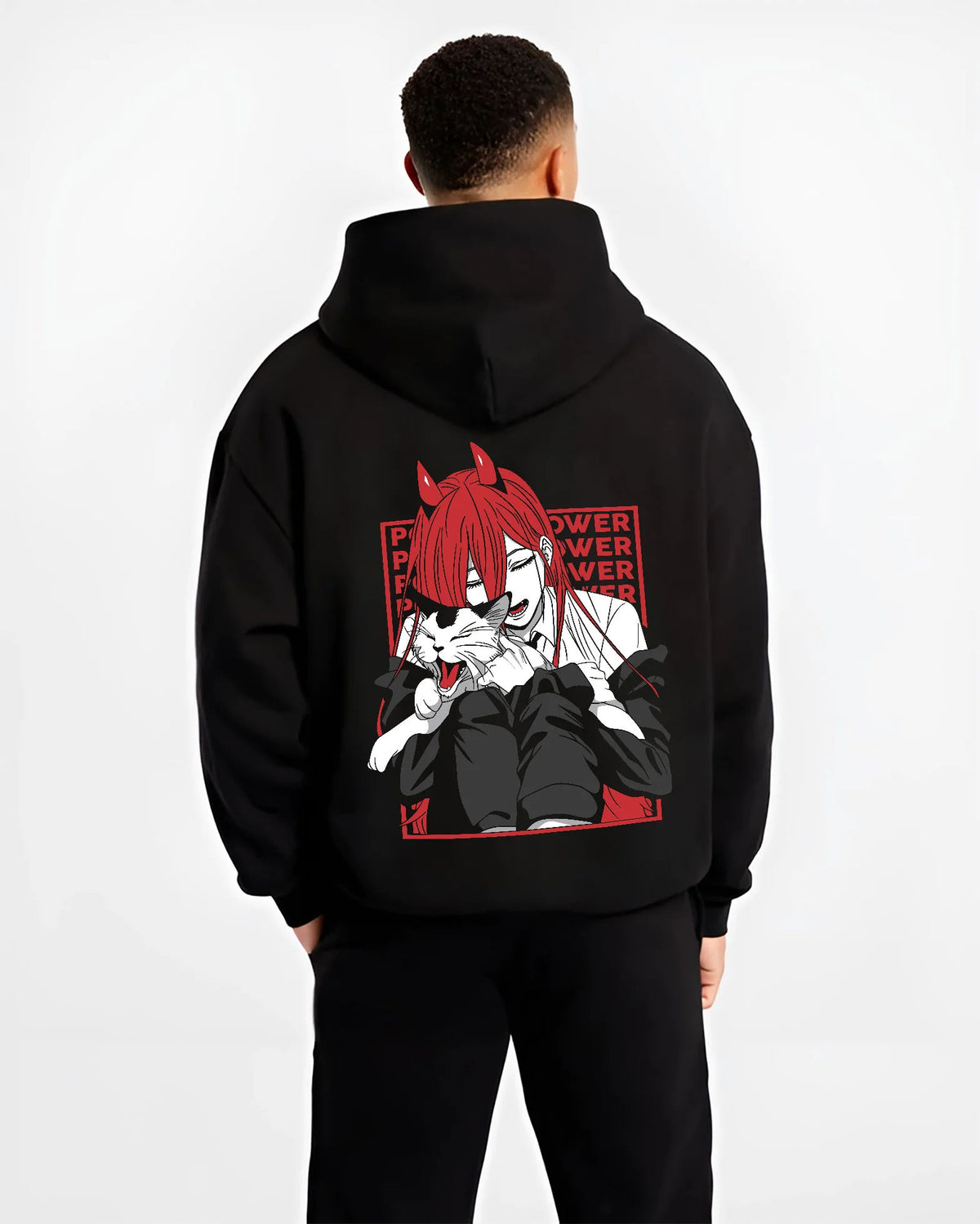 Black hoodie model back view showing Power from Chainsaw Man: red-haired fiend with horns