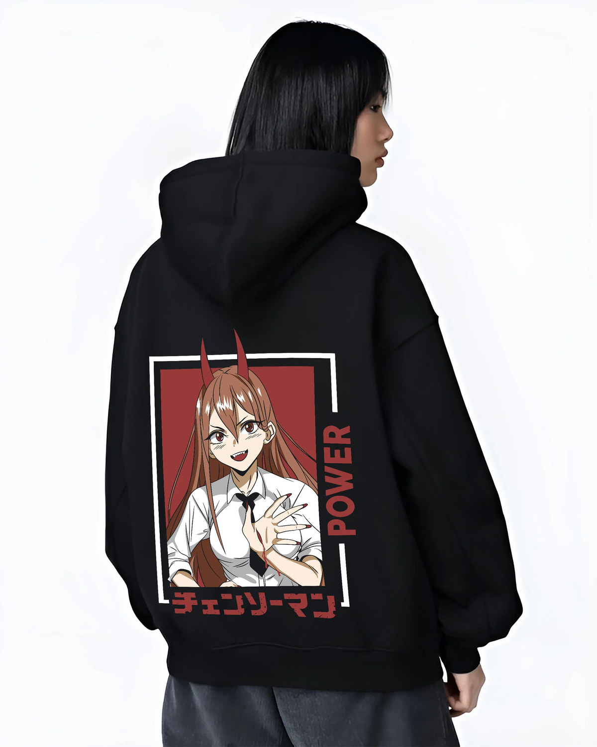 Black hoodie female model back view showing Power from Chainsaw Man: portrait with horns