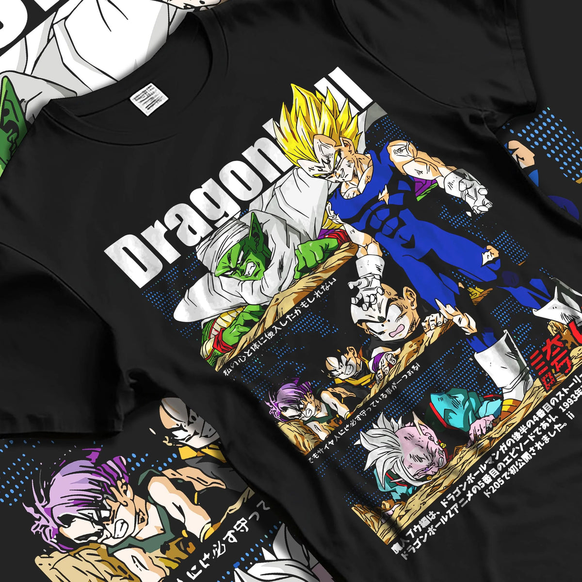 Black T-shirt laid flat with natural folds featuring Vegeta Prince of Saiyans Dragon Ball artwork.