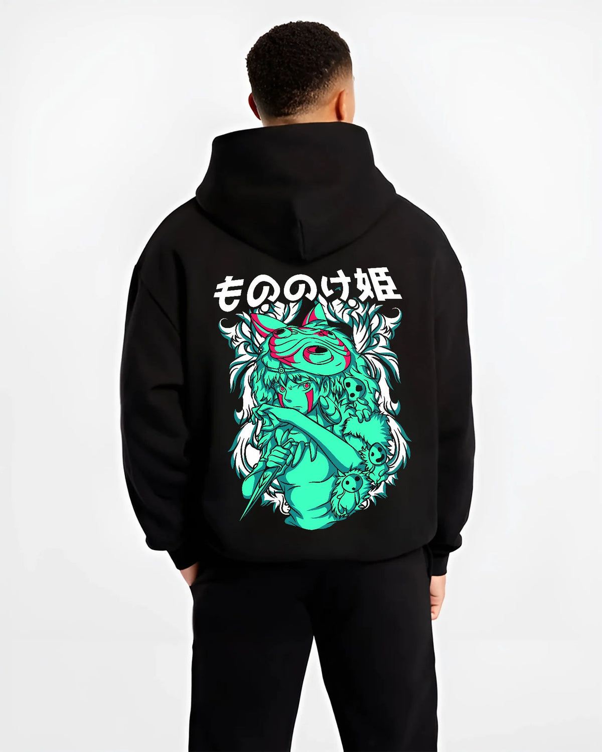 Black hoodie model back view showing San and forest spirits from Studio Ghibli / Princess Mononoke: Princess Mononoke