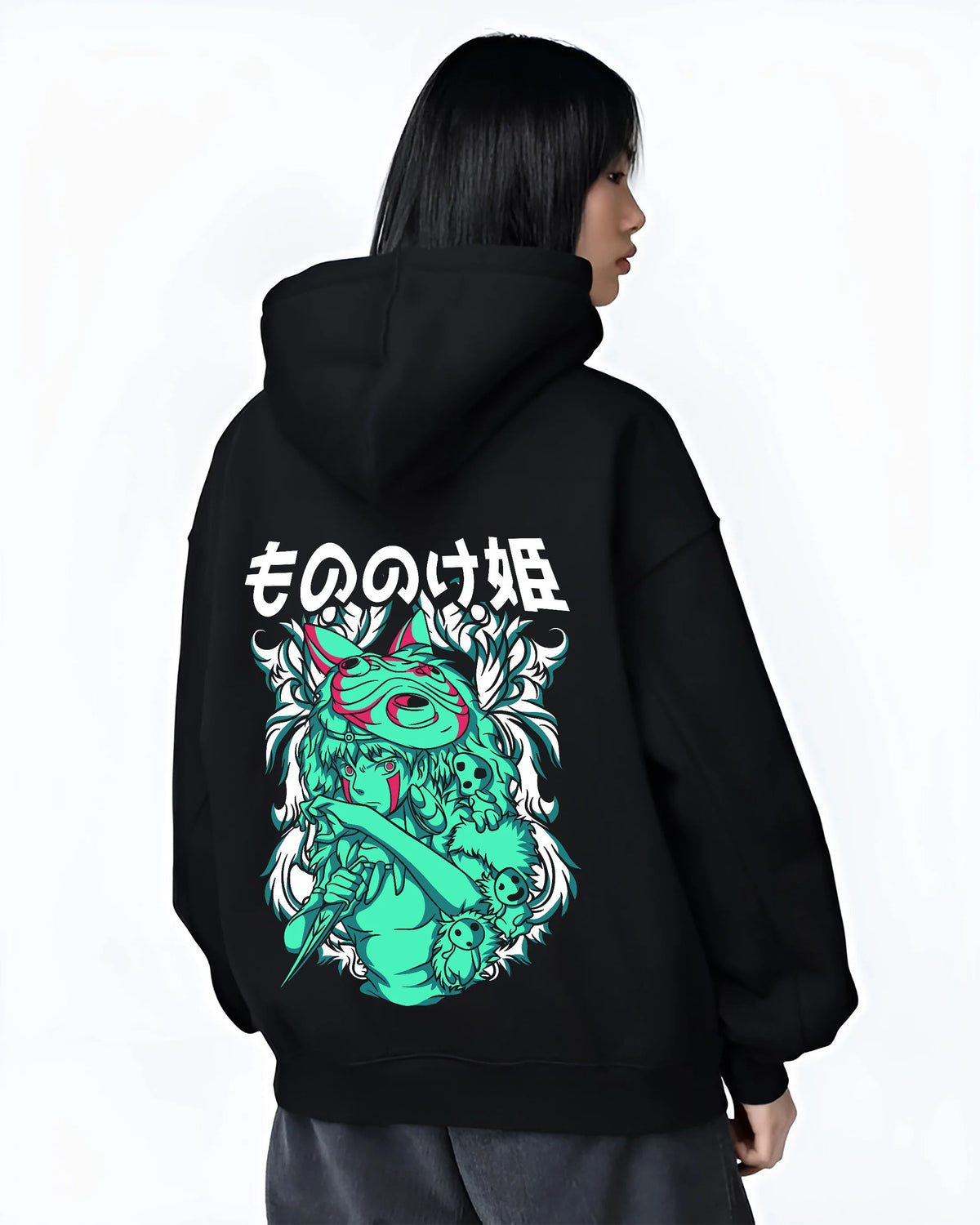Black hoodie female model back view showing San and forest spirits from Studio Ghibli / Princess Mononoke: Princess Mononoke