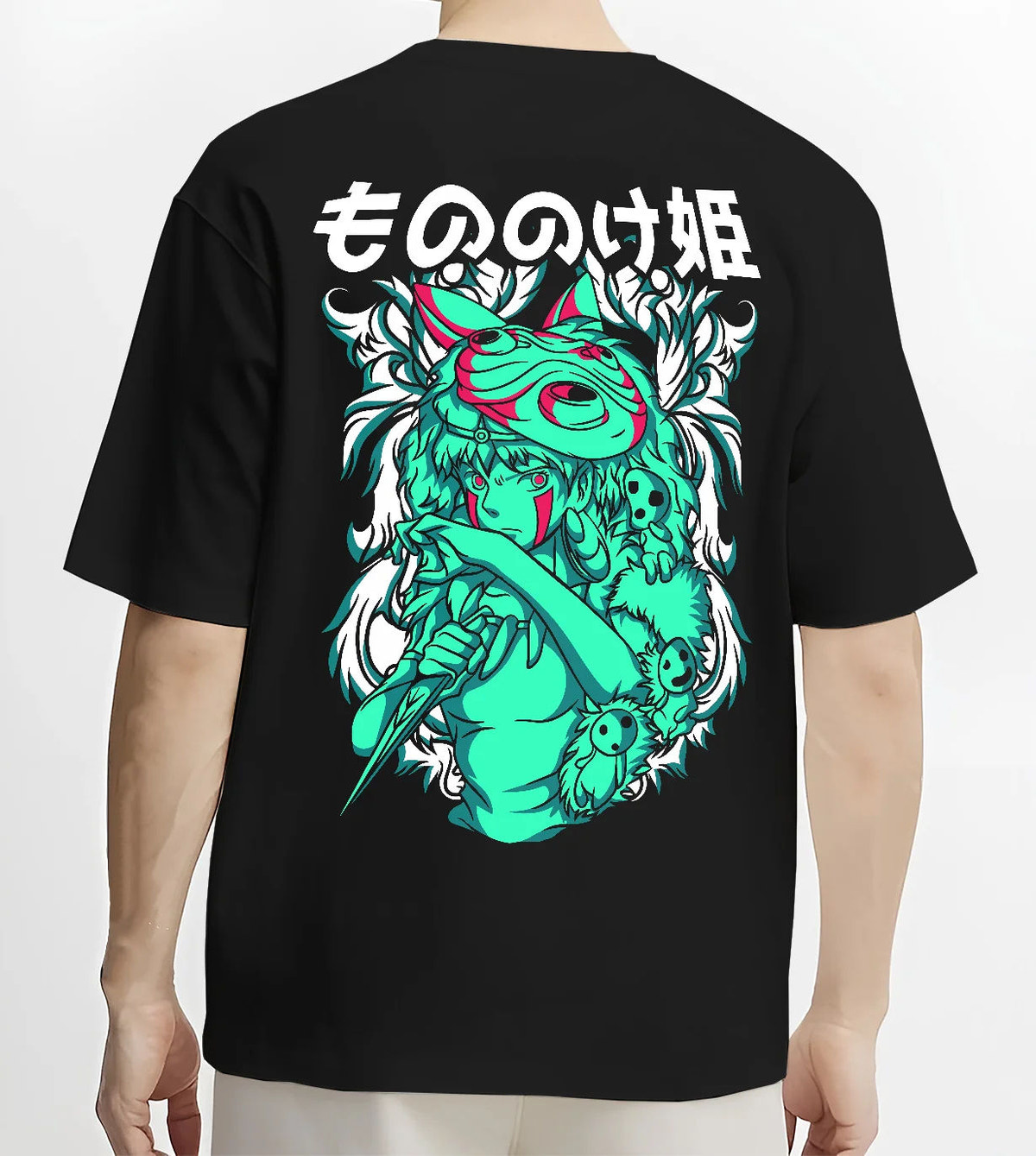 Black T-shirt model back view showing San and forest spirits from Studio Ghibli / Princess Mononoke: Princess Mononoke