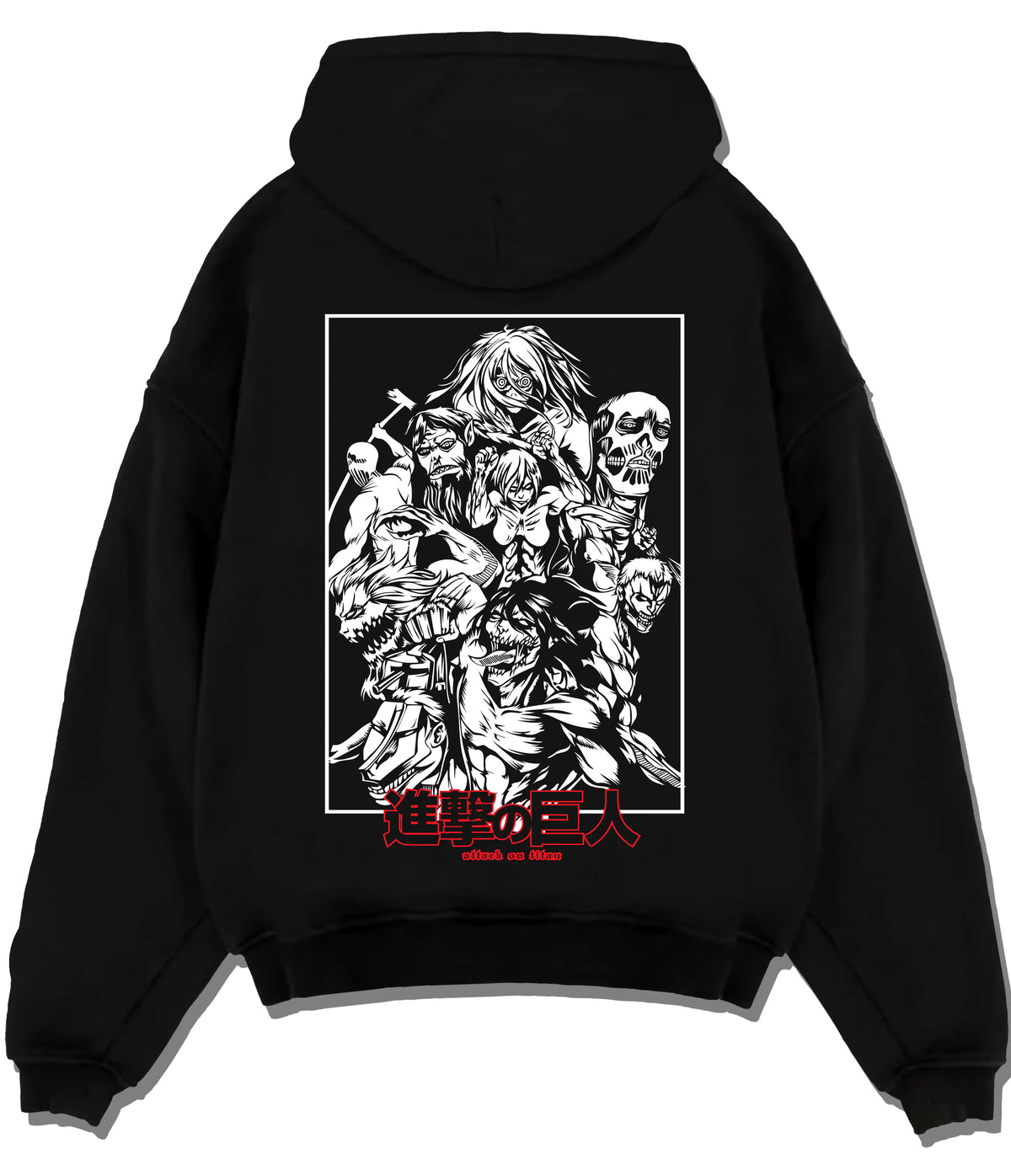 Black hoodie flat back view showing Attack on Titan: Eren and titans montage