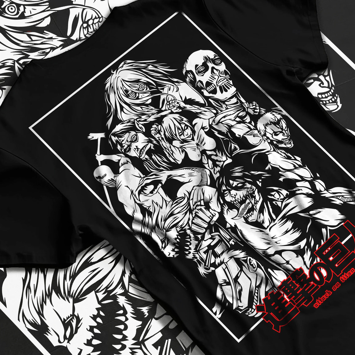 Black T-shirt flat back view showing Attack on Titan: Eren and titans montage