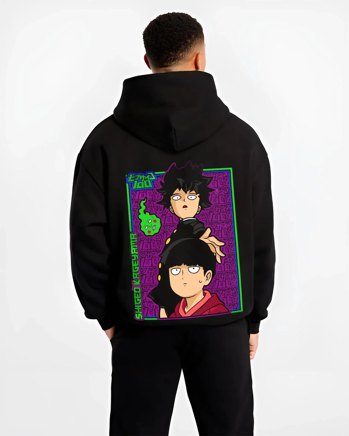 Black hoodie worn by male model, back view with Mob Psycho Hoodie Mob Psycho 100 Psychic Duo graphic premium wear.