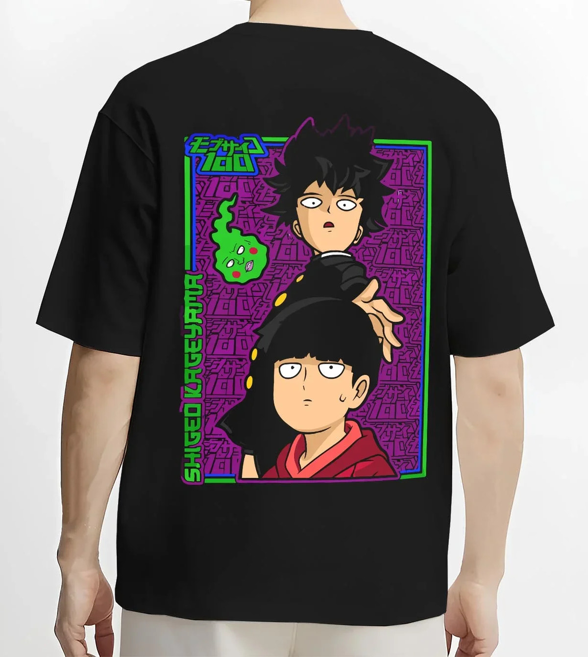 Black T-shirt worn by male model, back view with Mob Psycho Hoodie Mob Psycho 100 Psychic Duo graphic premium wear.