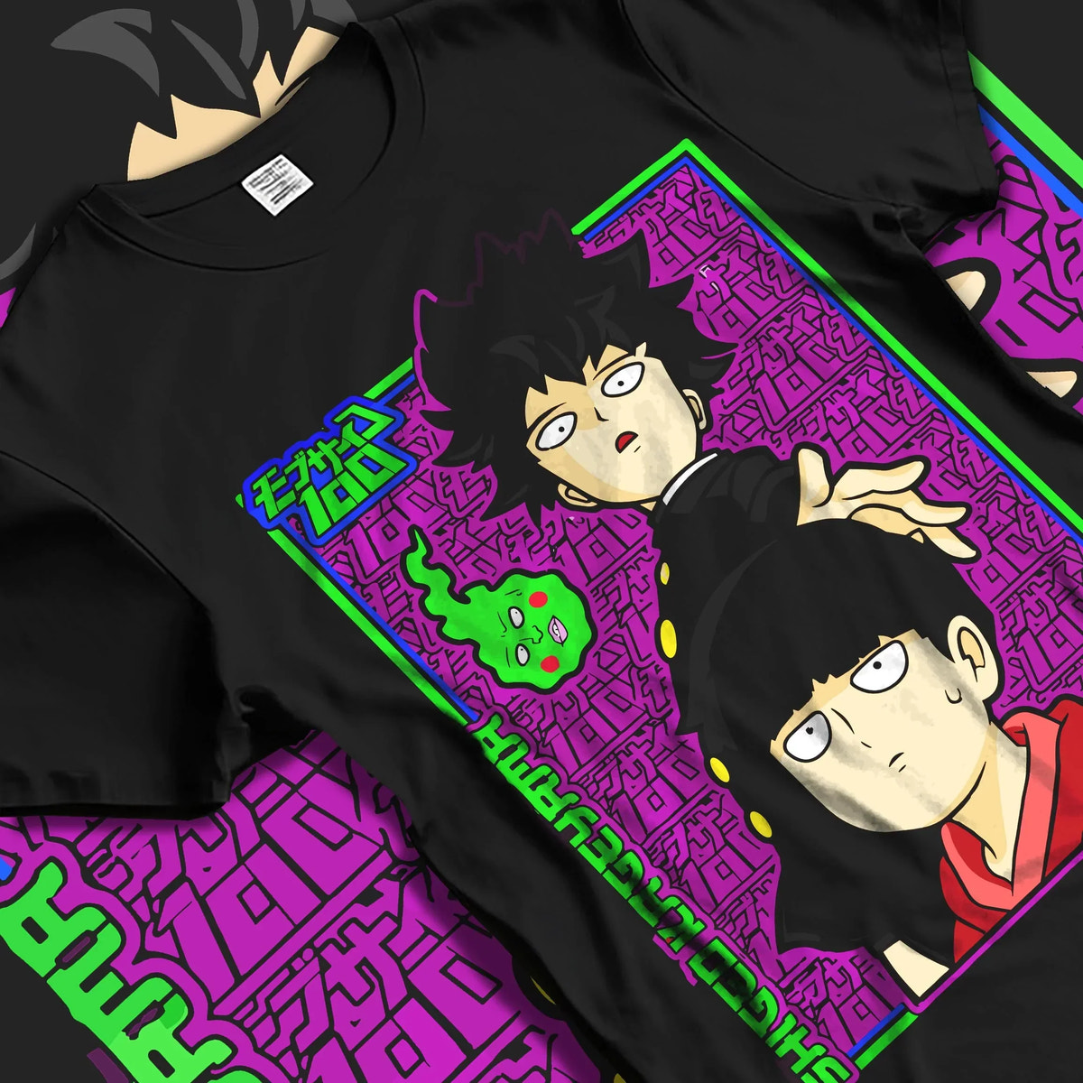 Black T-shirt laid flat with natural folds with Mob Psycho Hoodie Mob Psycho 100 Psychic Duo graphic streetwear graphic.