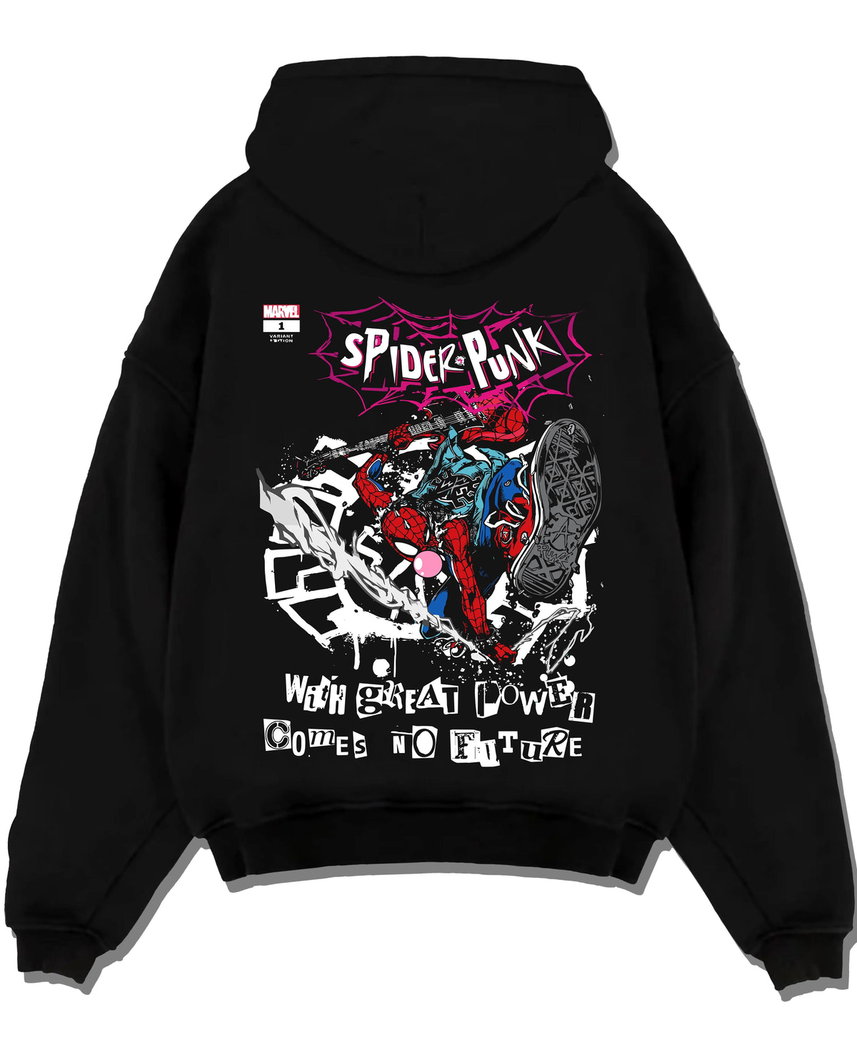Black hoodie laid flat featuring Spider-Punk punk web hero Spider-Verse artwork.