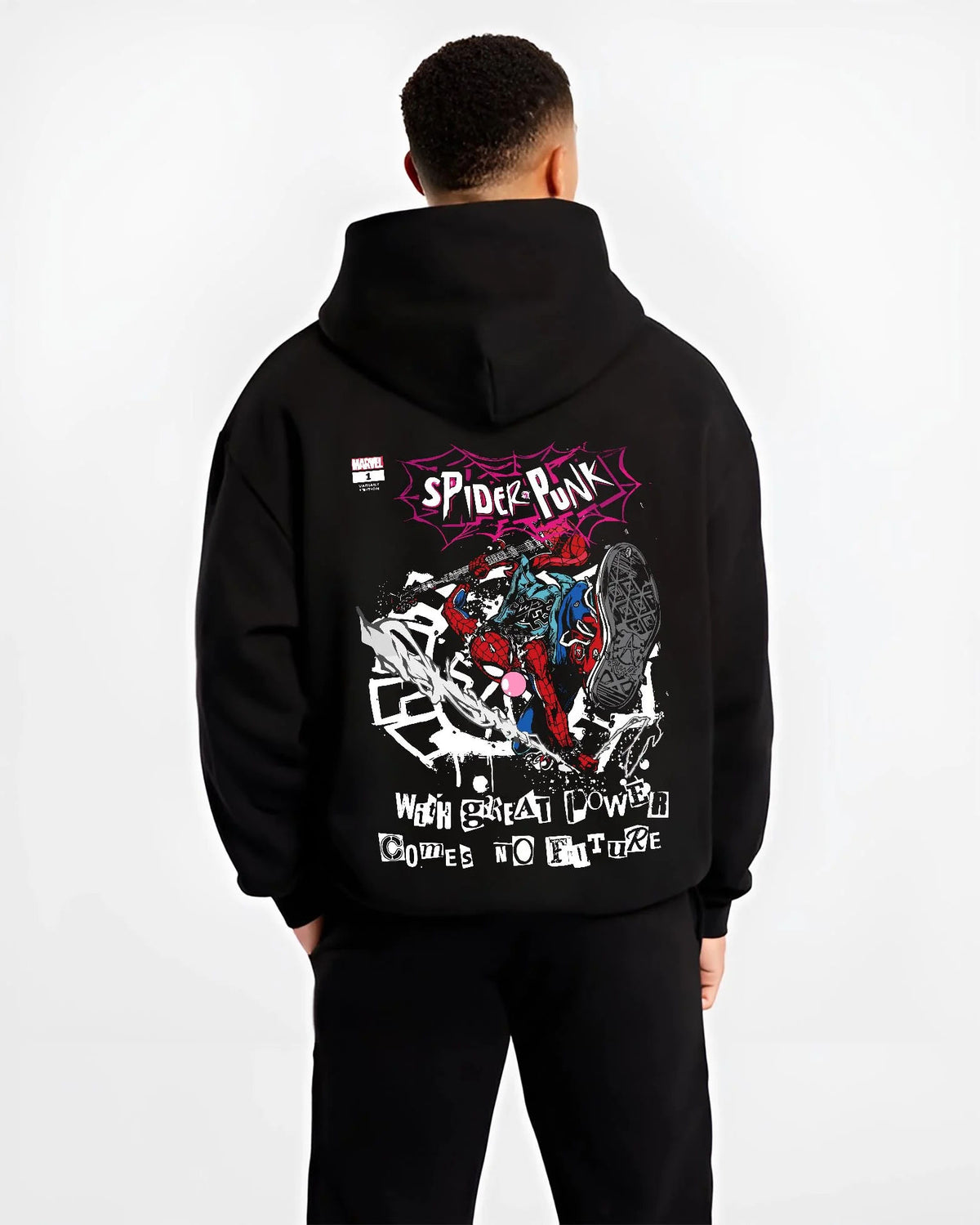 Black hoodie worn by male model from the back featuring Spider-Punk punk web hero Spider-Verse artwork.
