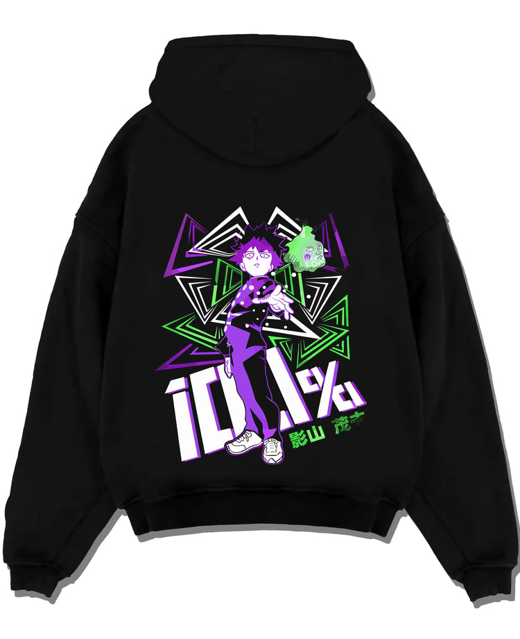 Black pullover hoodie laid flat with Shigeo Kageyama Hoodie Mob Psycho 100 Aura graphic premium wear.