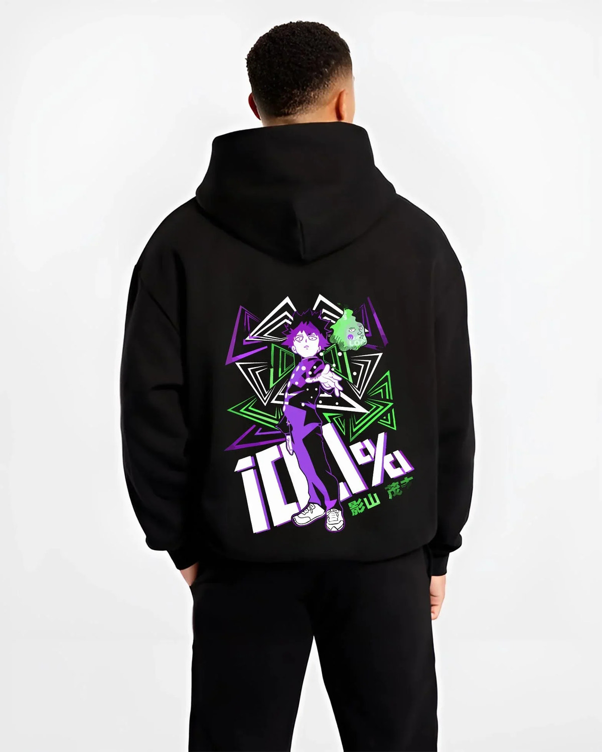Black hoodie worn by male model, back view with Shigeo Kageyama Hoodie Mob Psycho 100 Aura graphic premium wear.