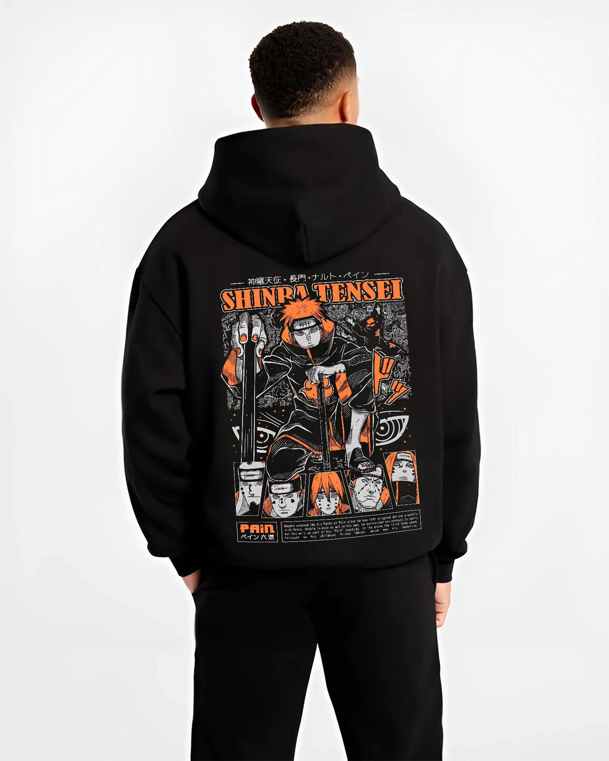 Black hoodie worn by male model from the back featuring Pain Shinra Tensei Almighty Push Naruto artwork.