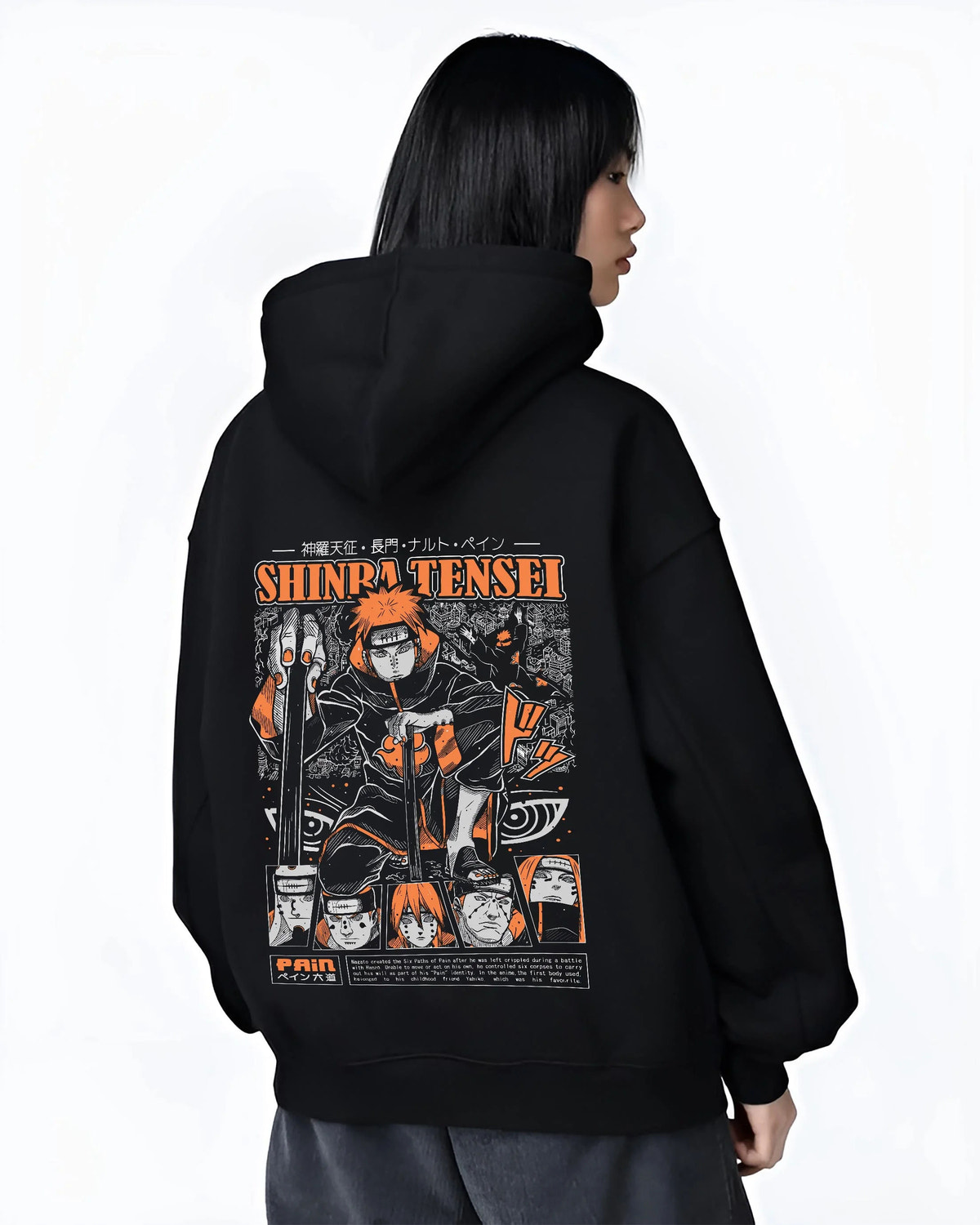 Black hoodie worn by female model from the back featuring Pain Shinra Tensei Almighty Push Naruto artwork.