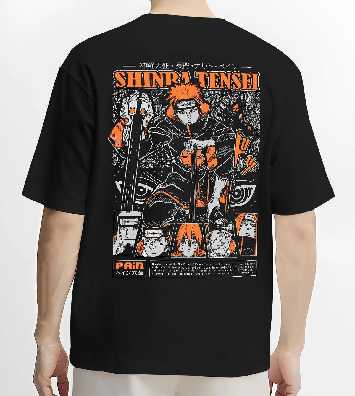 Black T-shirt worn by male model from the back featuring Pain Shinra Tensei Almighty Push Naruto artwork.