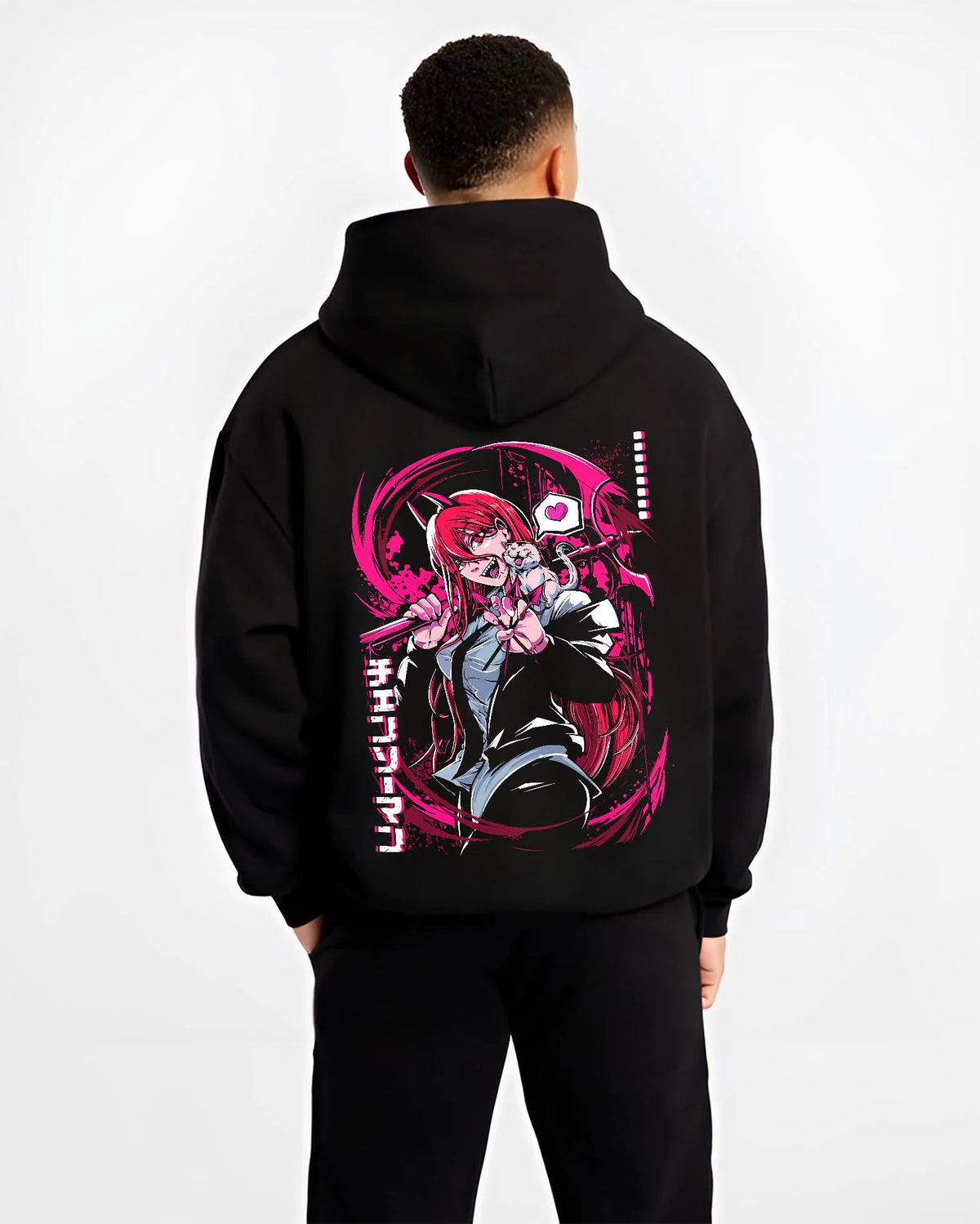 Black hoodie worn by male model from the back featuring Power Blood Fiend Chainsaw Man artwork.
