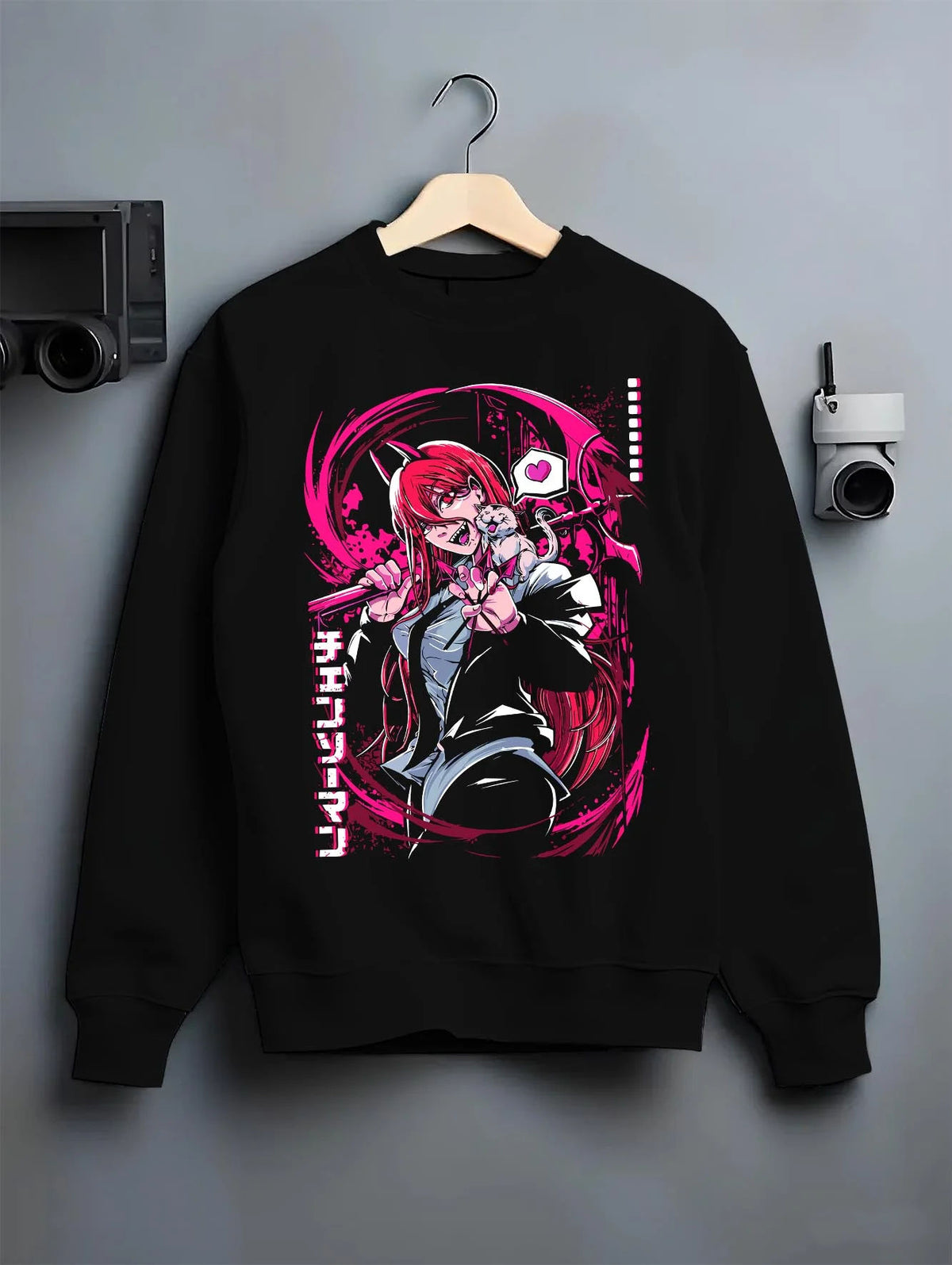 Black crewneck sweatshirt on hanger featuring Power Blood Fiend Chainsaw Man artwork.