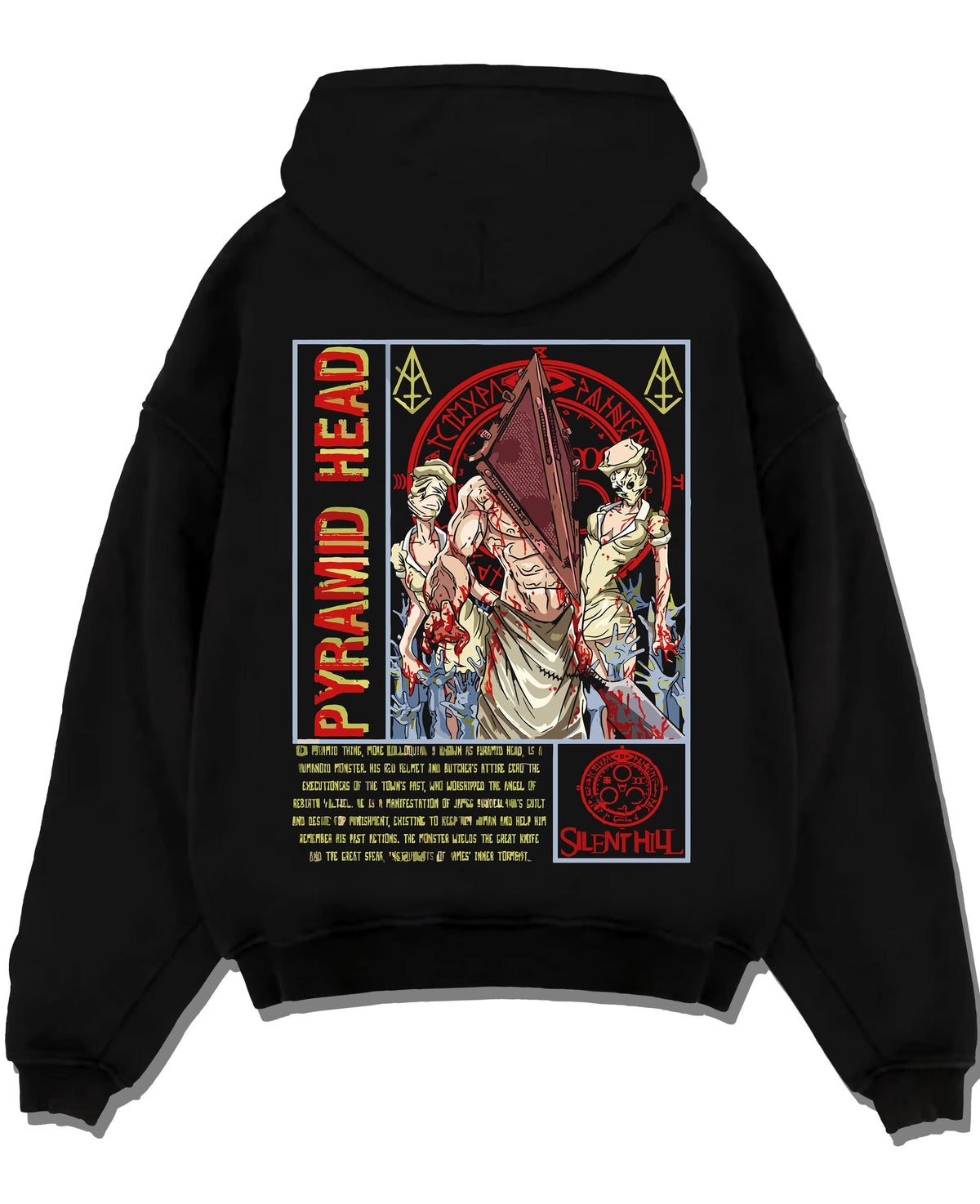 Black hoodie laid flat featuring Pyramid Head Red Pyramid horror Silent Hill artwork.