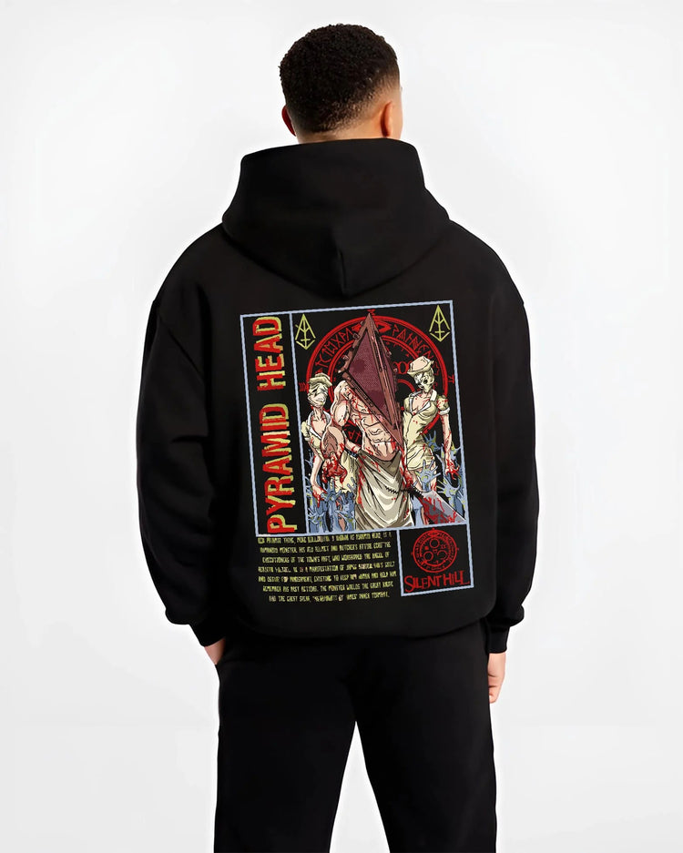 Black hoodie worn by male model from the back featuring Pyramid Head Red Pyramid horror Silent Hill artwork.