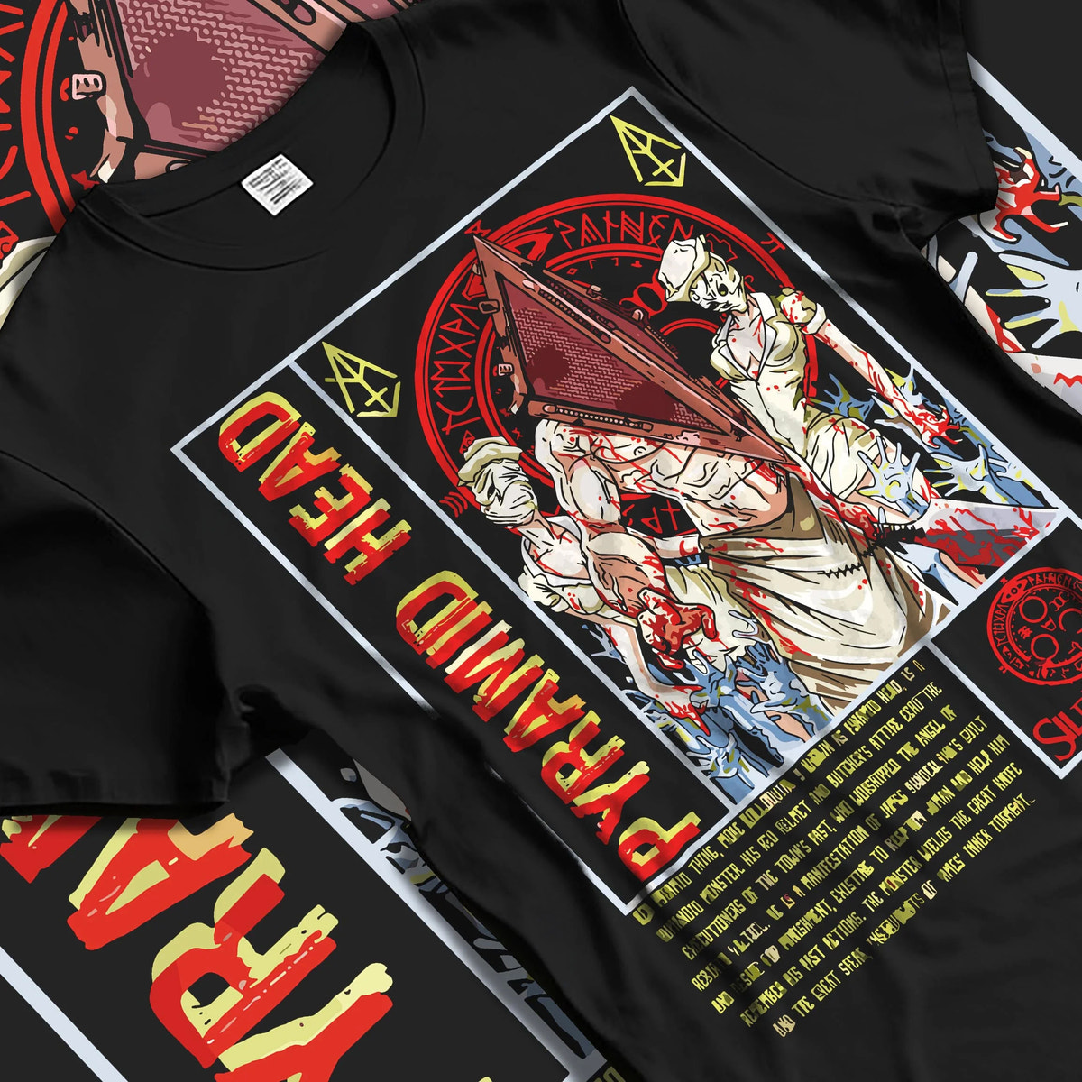 Black T-shirt laid flat with natural folds featuring Pyramid Head Red Pyramid horror Silent Hill artwork.
