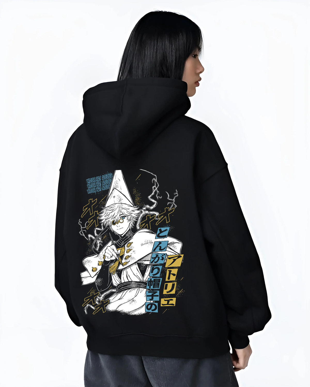 Black hoodie female model back view showing Qifrey from Witch Hat Atelier: Witch Hat Atelier