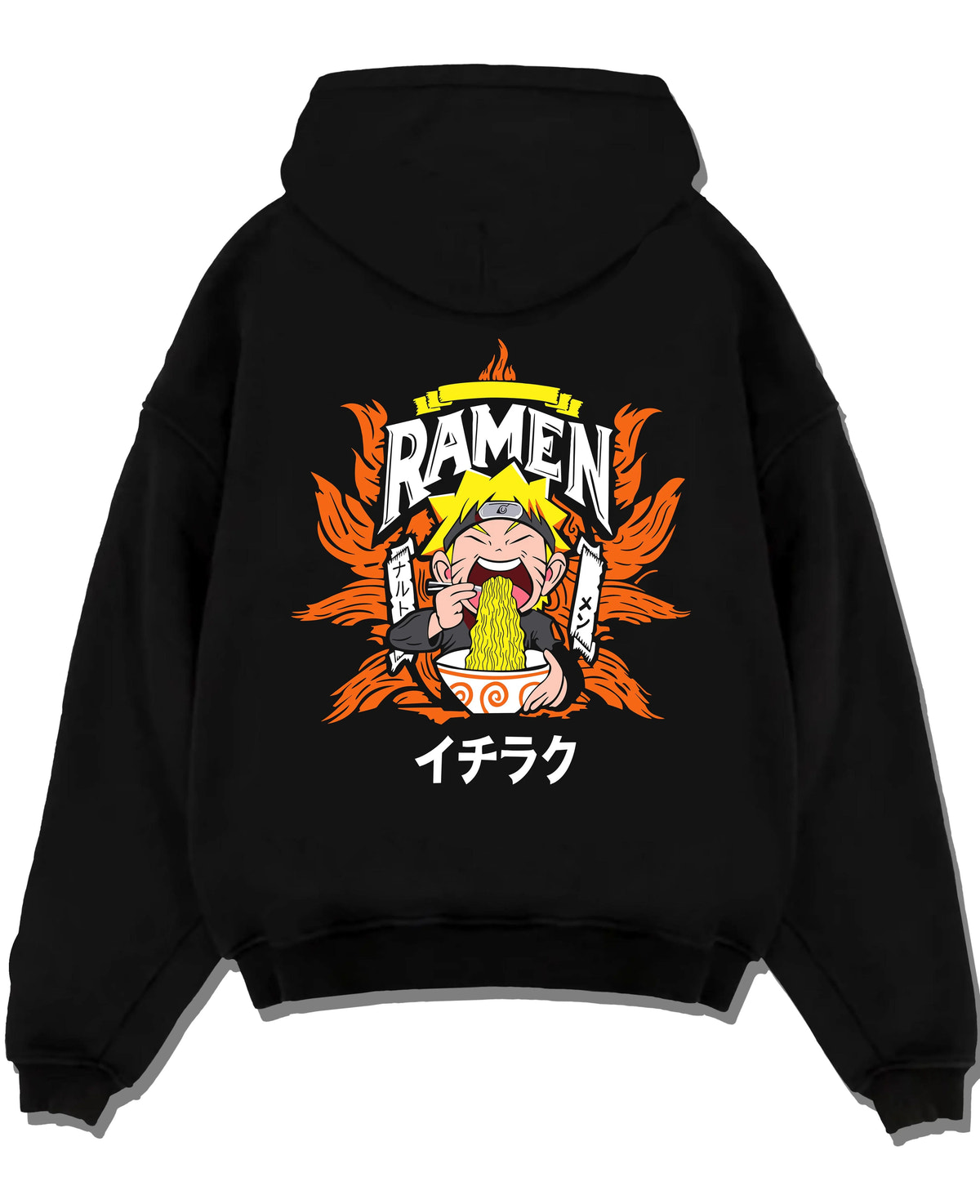 Black hoodie laid flat featuring Naruto Ichiraku ramen artwork.