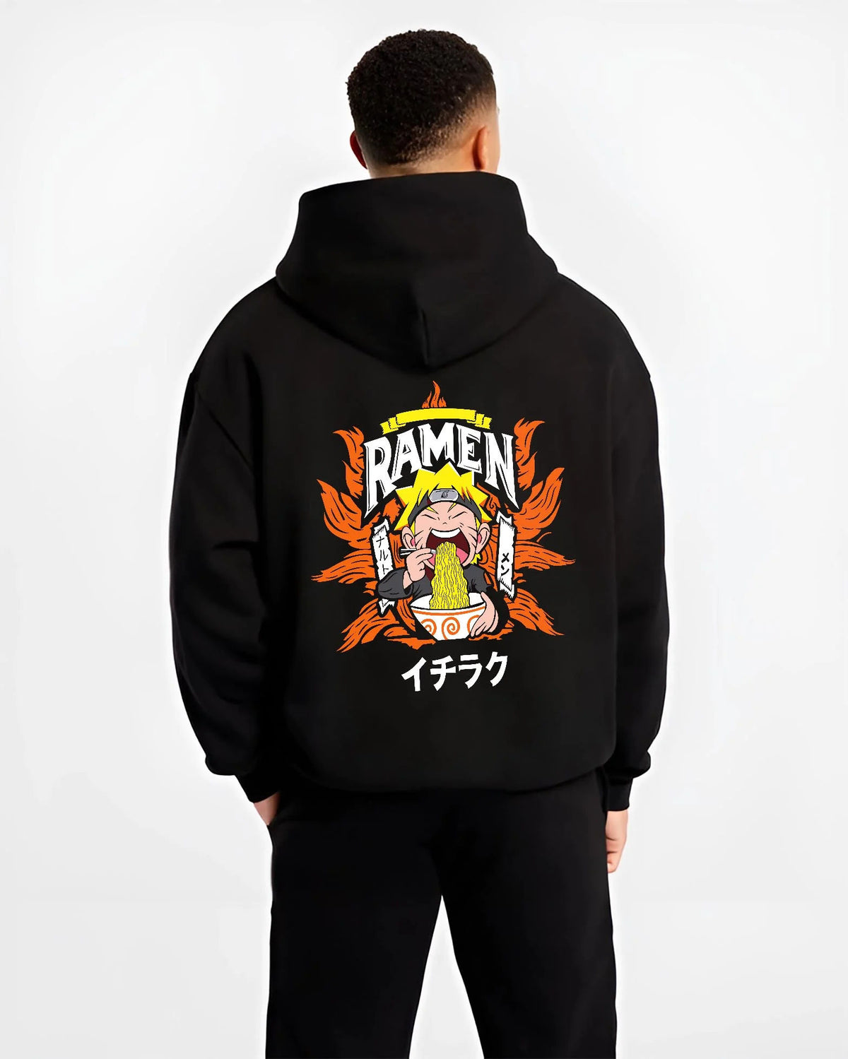 Black hoodie worn by male model from the back featuring Naruto Ichiraku ramen artwork.
