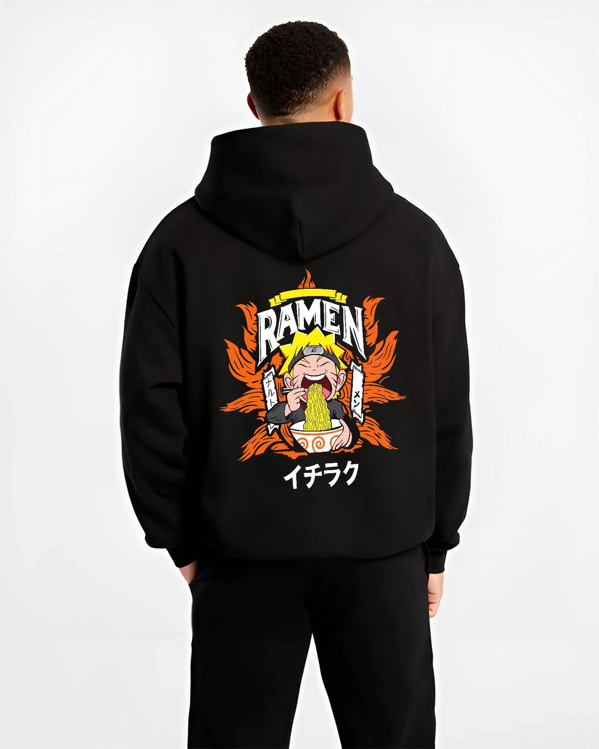 Black hoodie worn by male model from the back featuring Naruto Ichiraku ramen artwork.