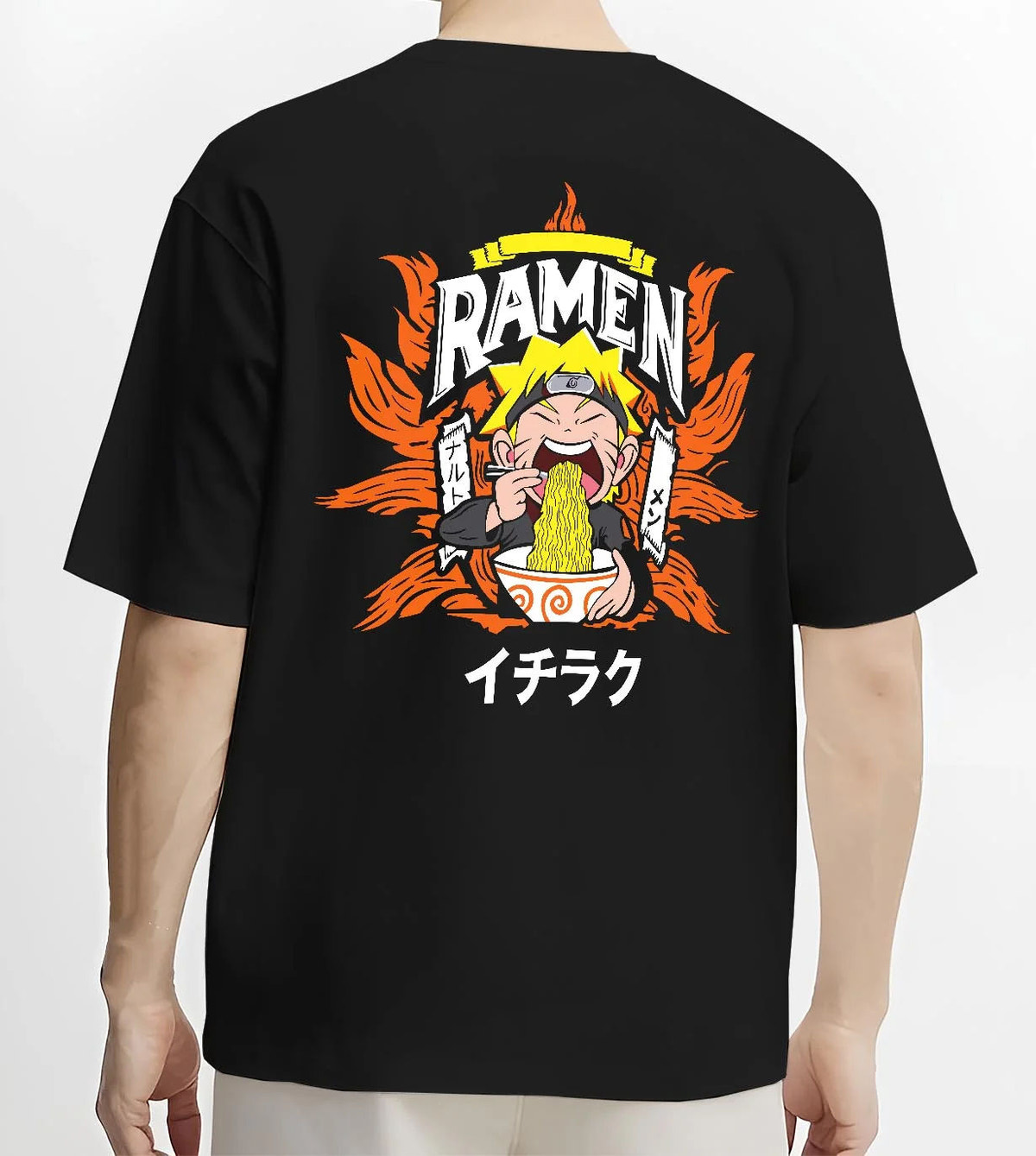 Black T-shirt worn by male model from the back featuring Naruto Ichiraku ramen artwork.
