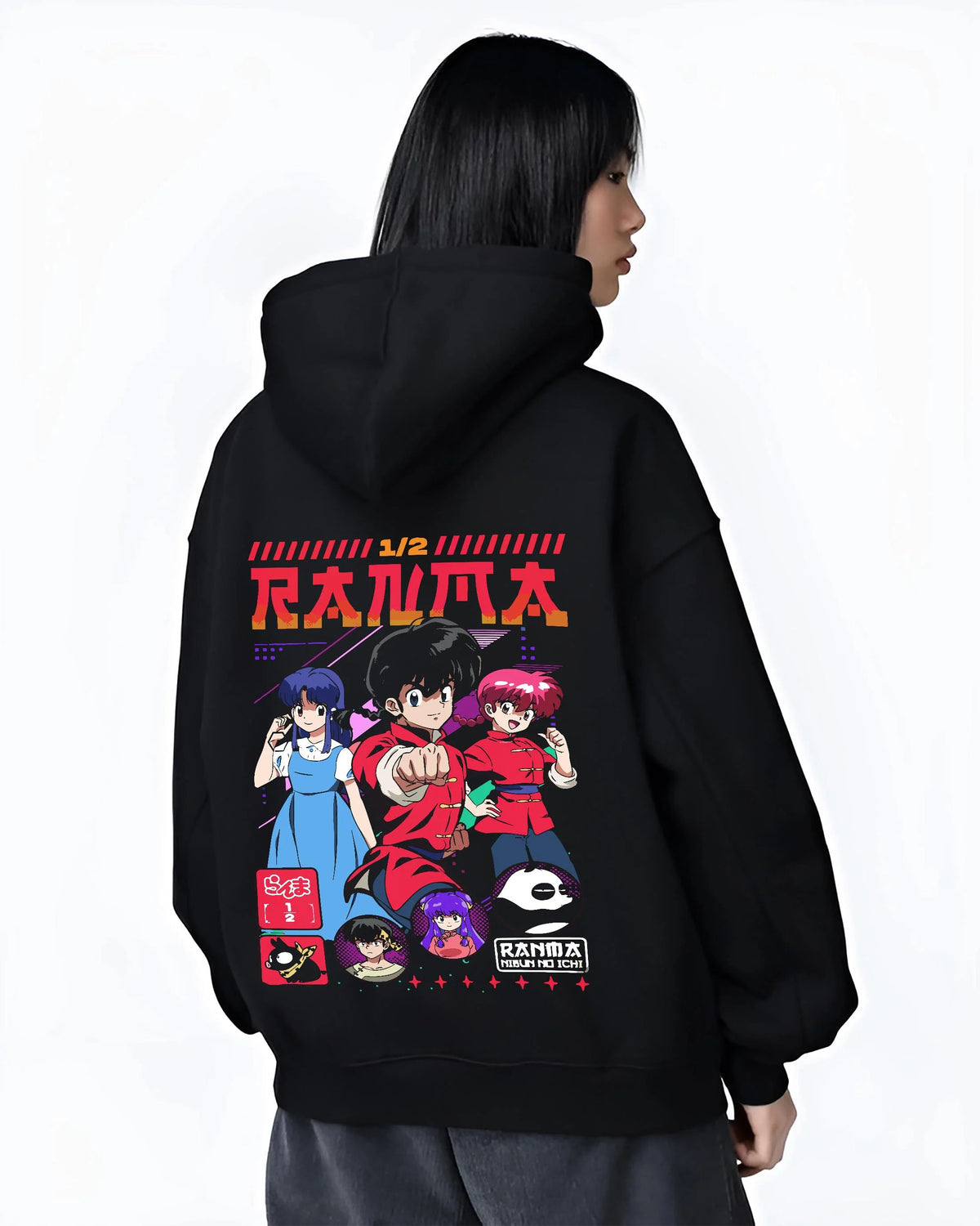 Black hoodie worn by female model from the back featuring Ranma 1/2 martial arts comedy cast artwork.