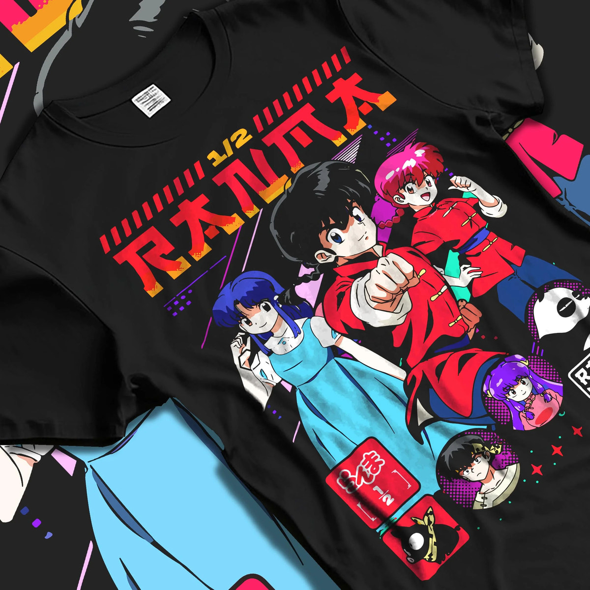 Black T-shirt laid flat with natural folds featuring Ranma 1/2 martial arts comedy cast artwork.