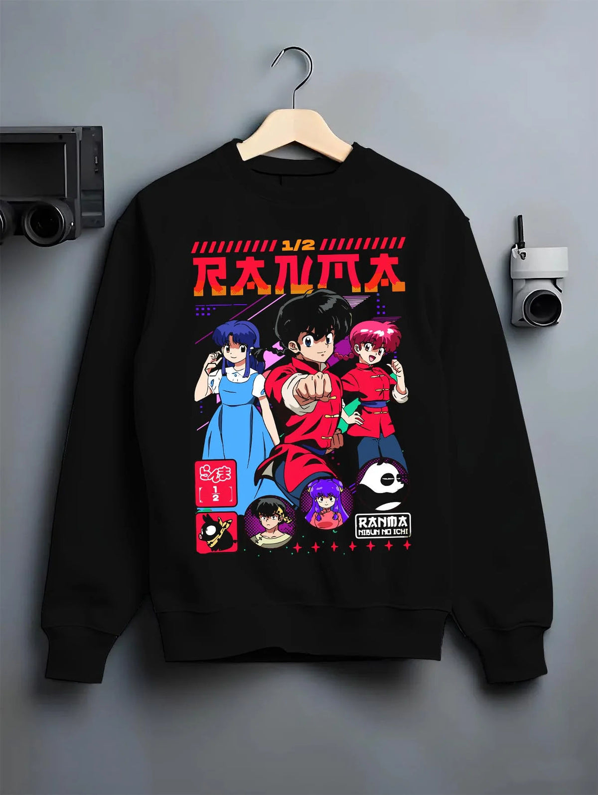 Black crewneck sweatshirt on hanger featuring Ranma 1/2 martial arts comedy cast artwork.