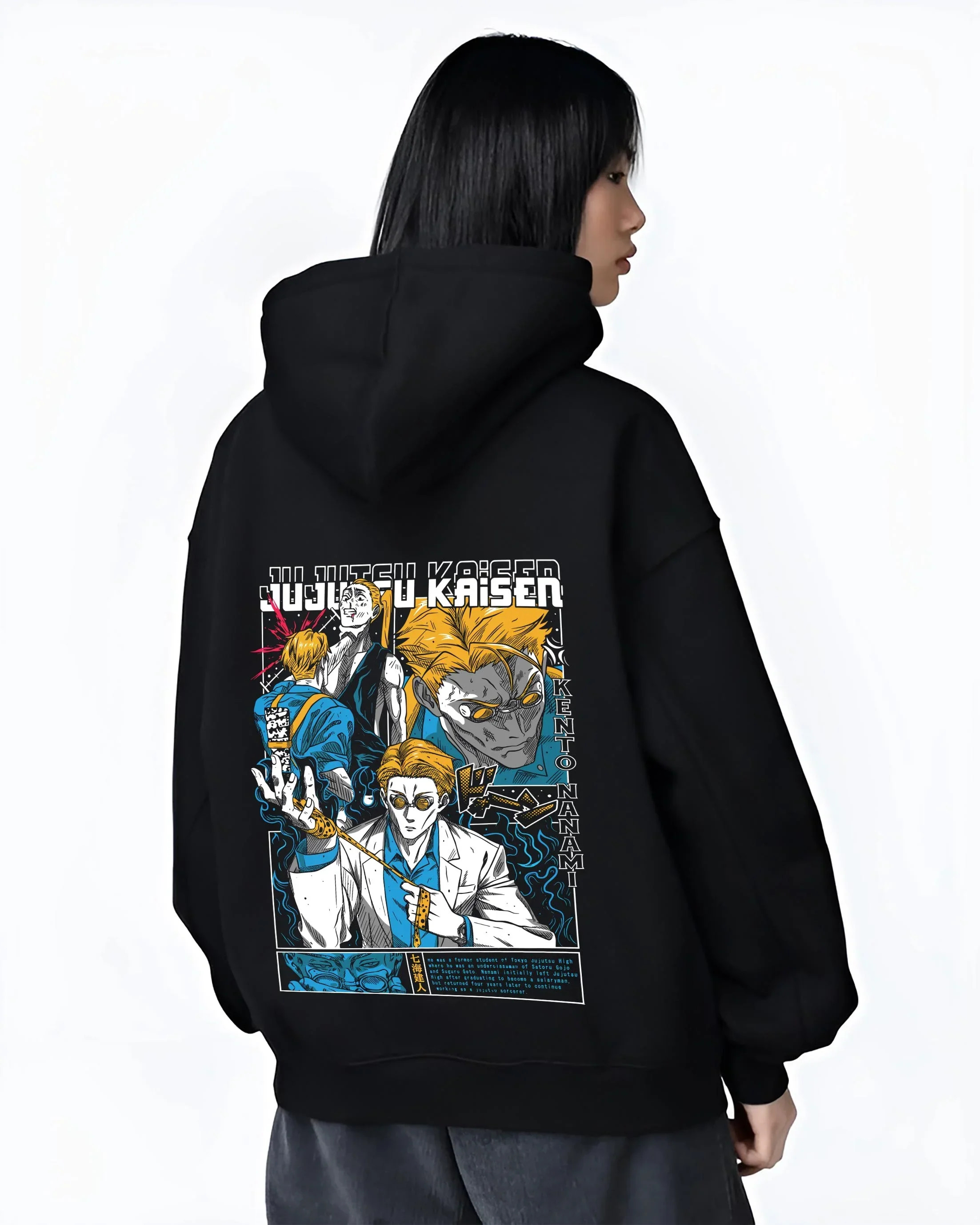 Black hoodie worn by female model, back view with Kento Nanami Hoodie Jujutsu Kaisen Manga Scene graphic bold anime graphic.