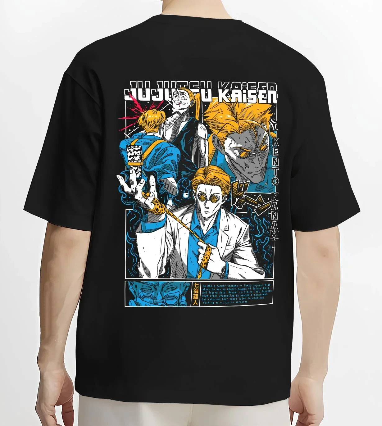 Black T-shirt worn by male model, back view with Kento Nanami Hoodie Jujutsu Kaisen Manga Scene graphic streetwear graphic.