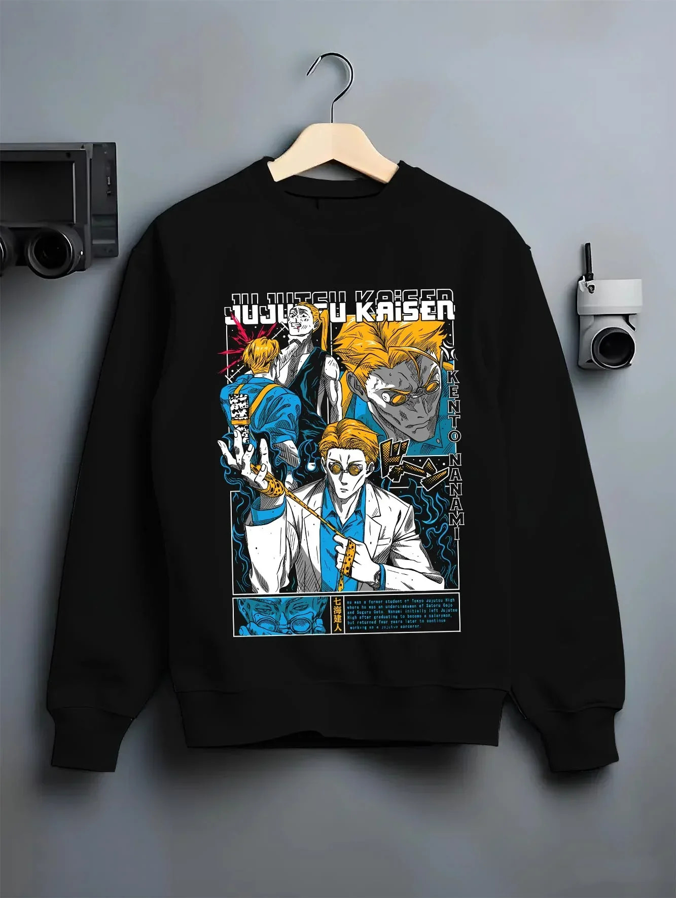 Black crewneck sweatshirt on hanger with Kento Nanami Hoodie Jujutsu Kaisen Manga Scene graphic premium wear.