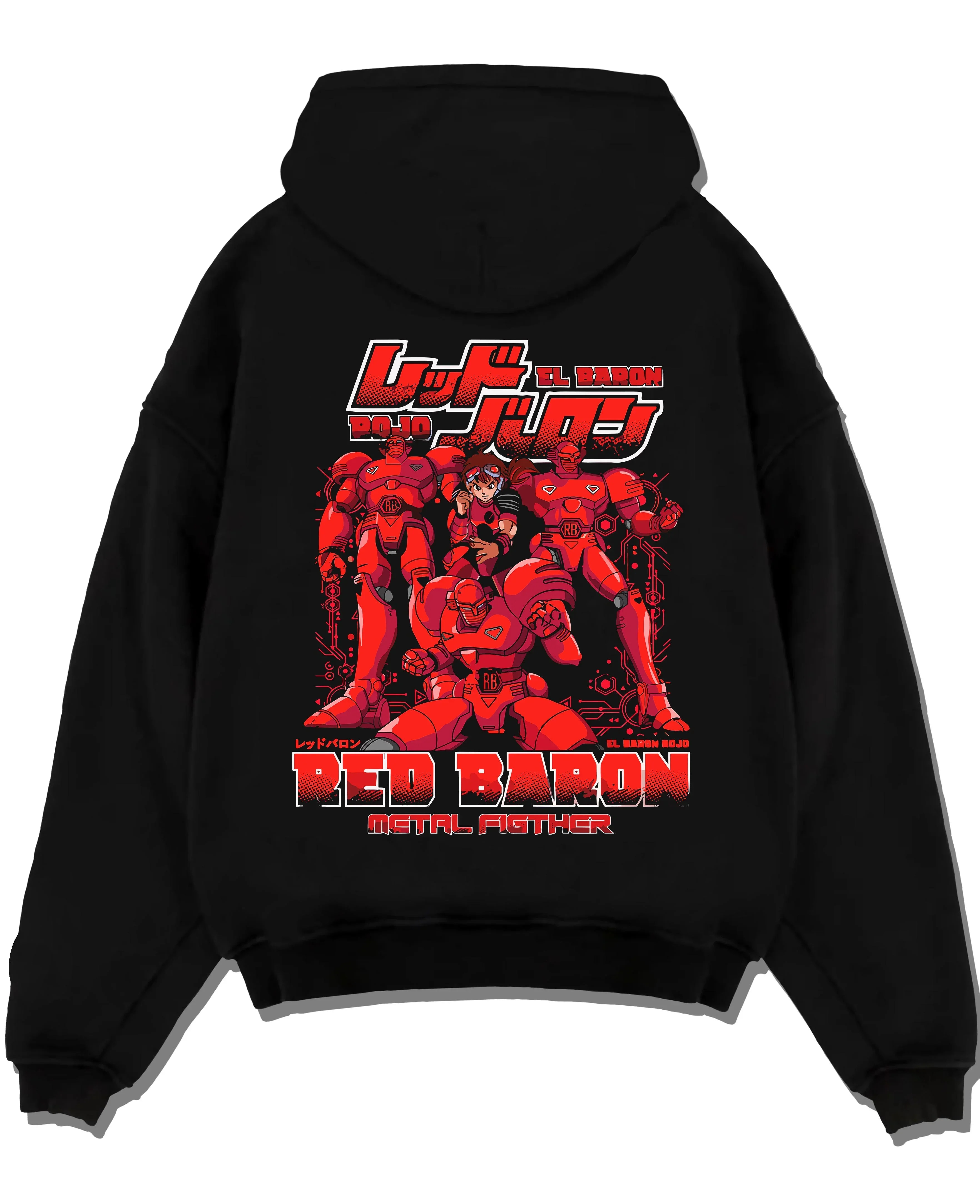 Black pullover hoodie laid flat with Red Baron Mecha Hoodie Retro 90s Anime Robot Fighter graphic premium wear.