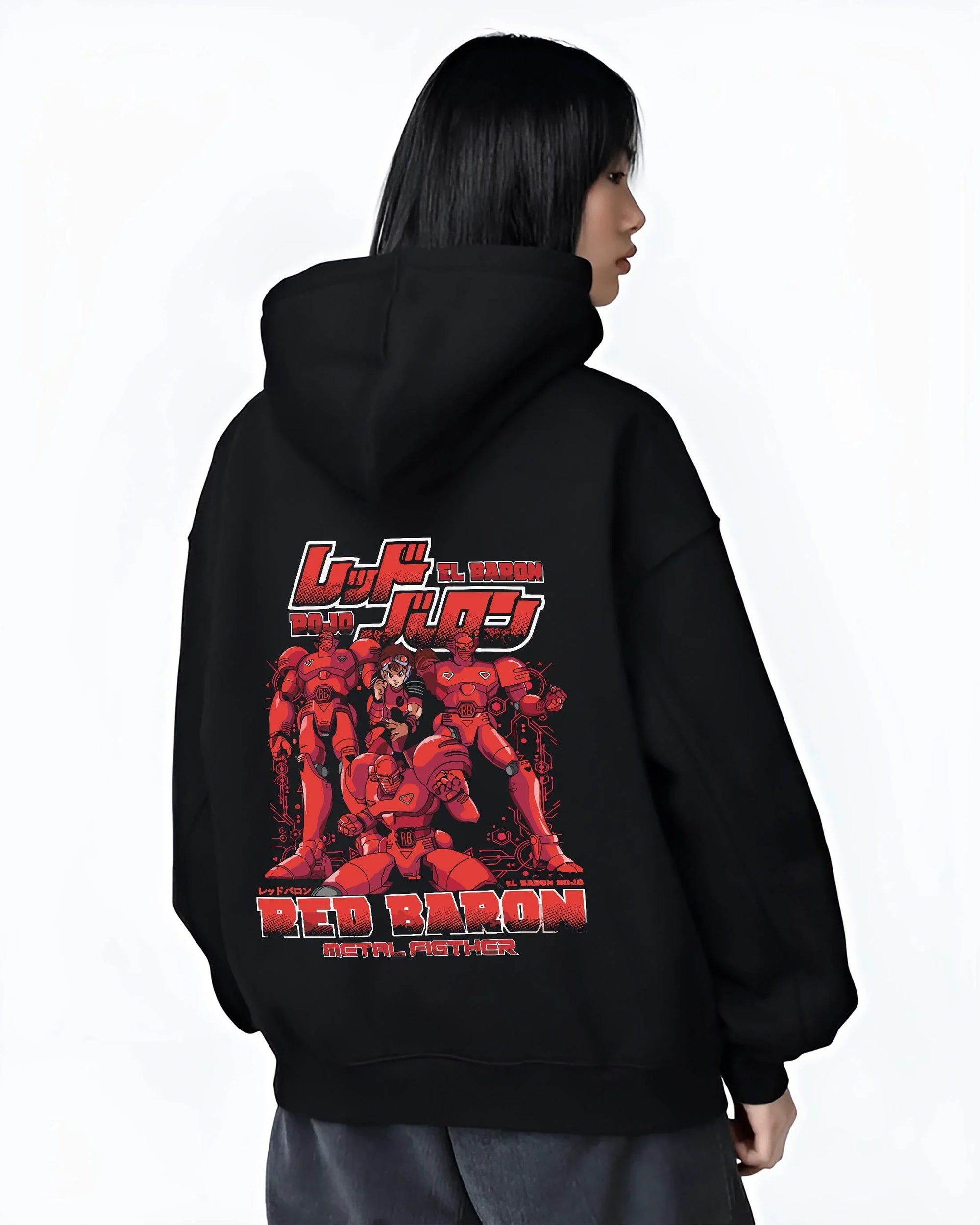 Black hoodie worn by female model, back view with Red Baron Mecha Hoodie Retro 90s Anime Robot Fighter graphic premium wear.
