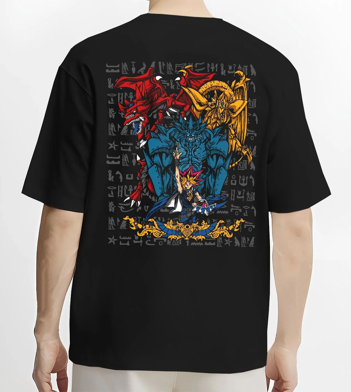 Black T-shirt worn by male model from the back featuring Yugi with the Egyptian Gods Yu-Gi-Oh! artwork.